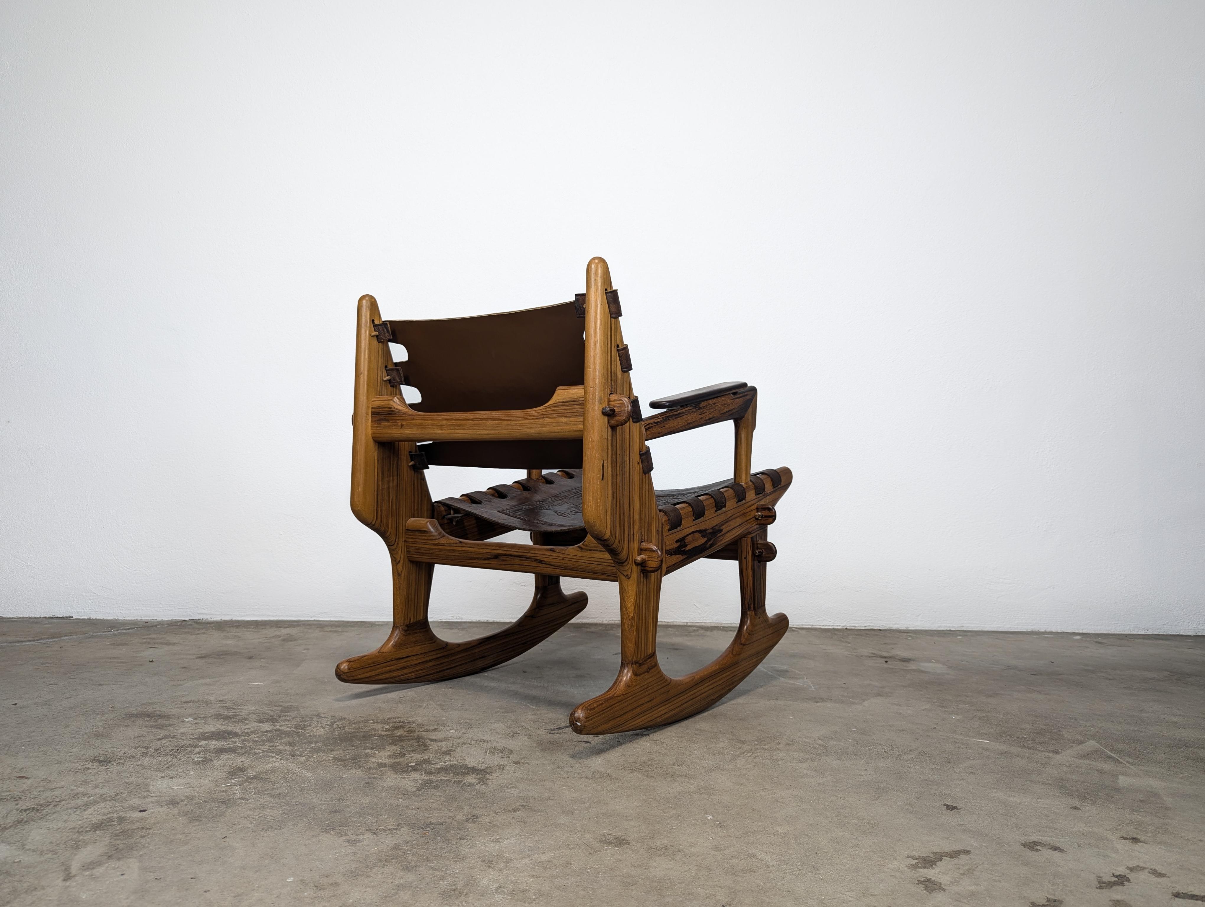 Mid Century Modern Leather & Rosewood Rocking Chair by Angel Pazmino, c1960s For Sale 3