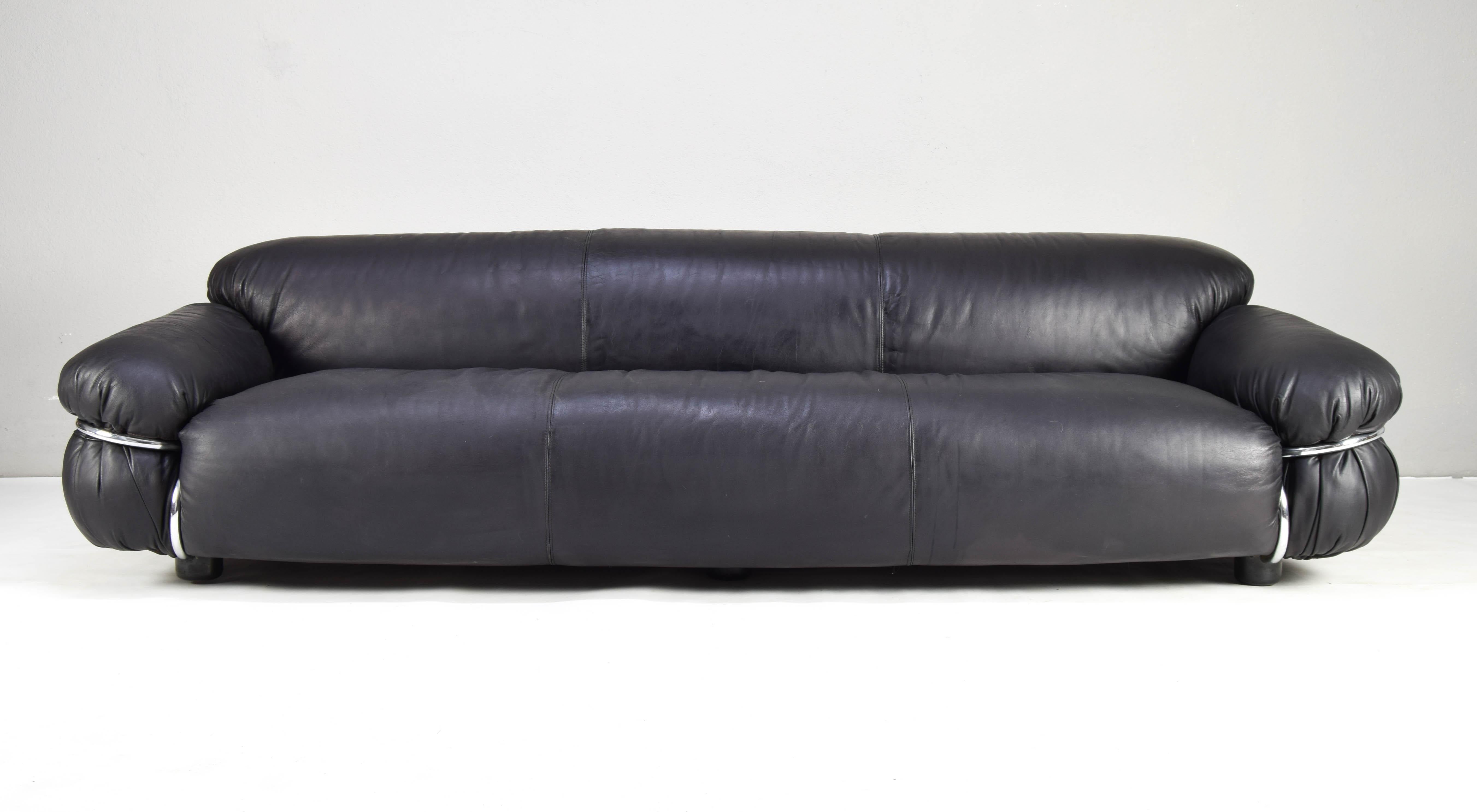 Italian Mid Century Modern Leather Sesann Frattini XL Sofa by Cassina Italy 70s