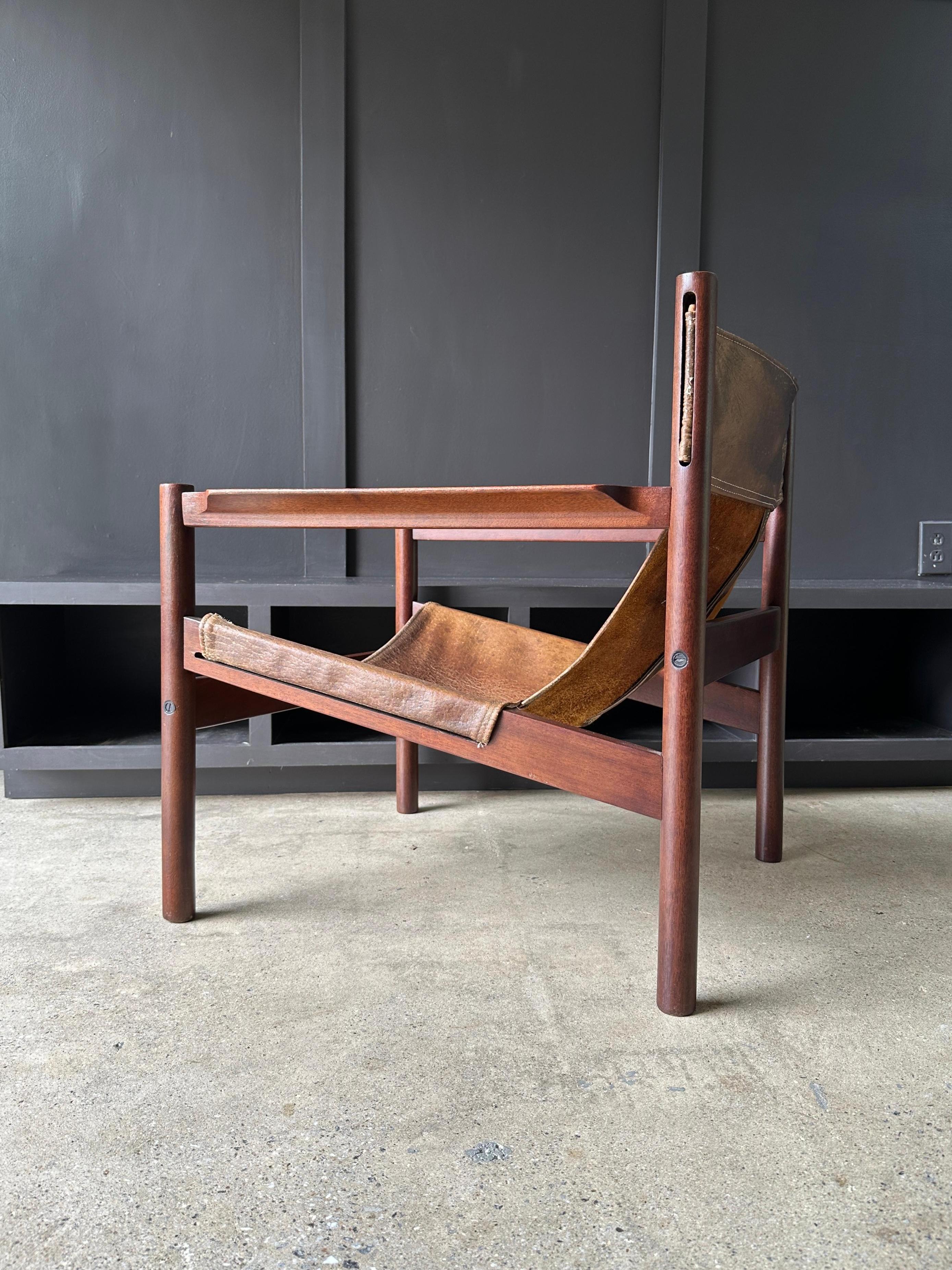 Brazilian Mid Century Modern leather sling lounge chair by Michel Arnoult