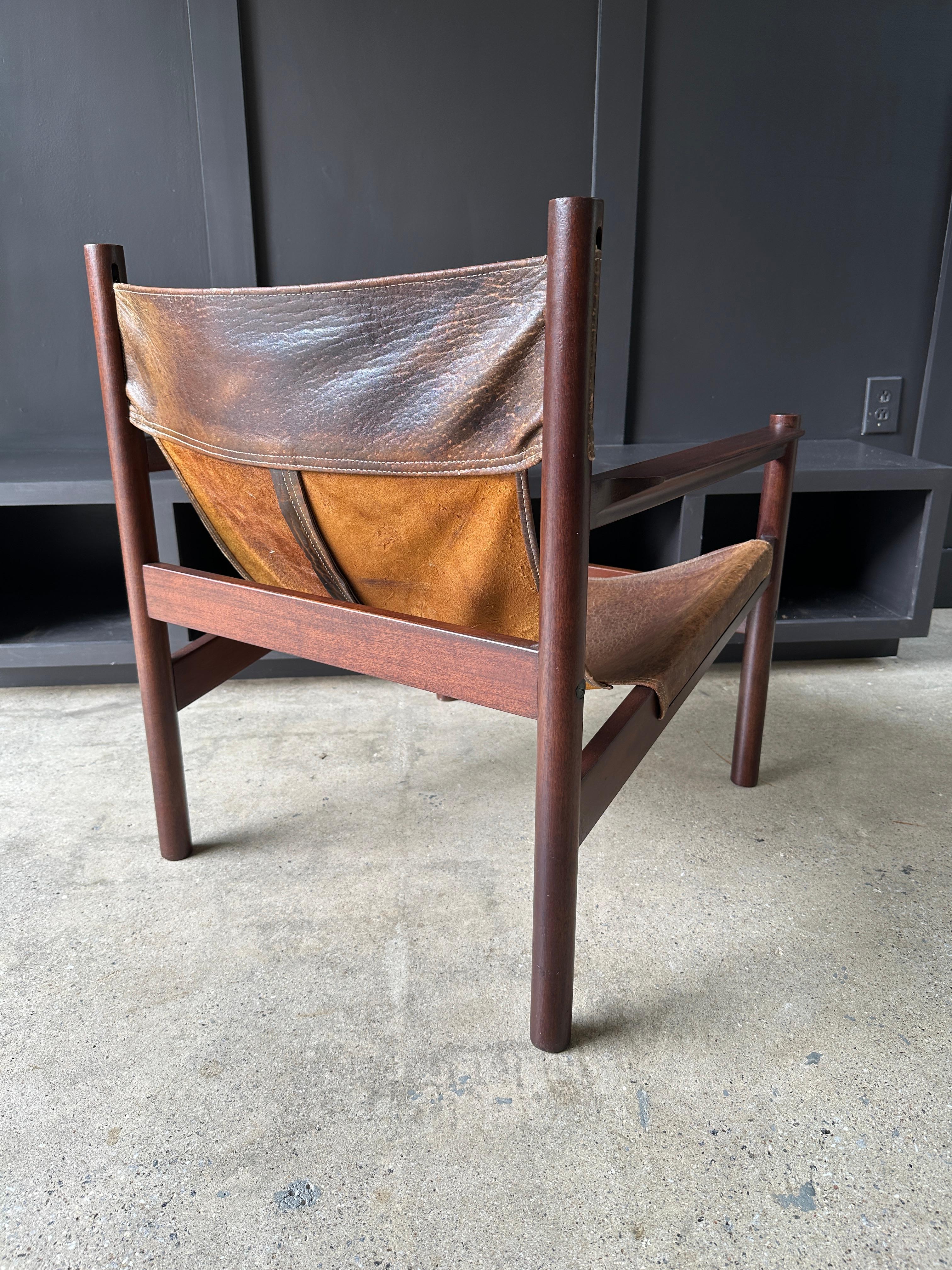20th Century Mid Century Modern leather sling lounge chair by Michel Arnoult