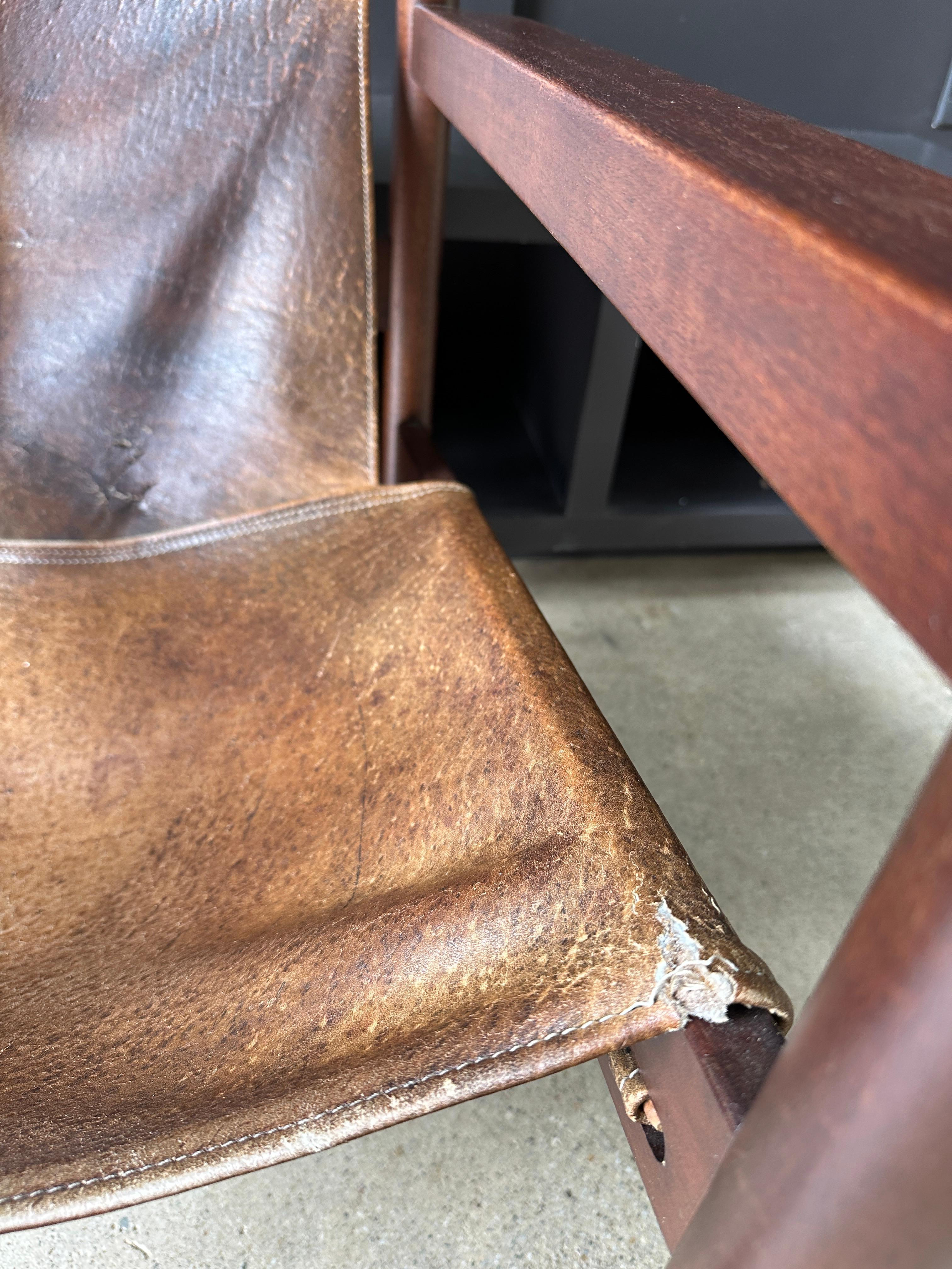 Leather Mid Century Modern leather sling lounge chair by Michel Arnoult