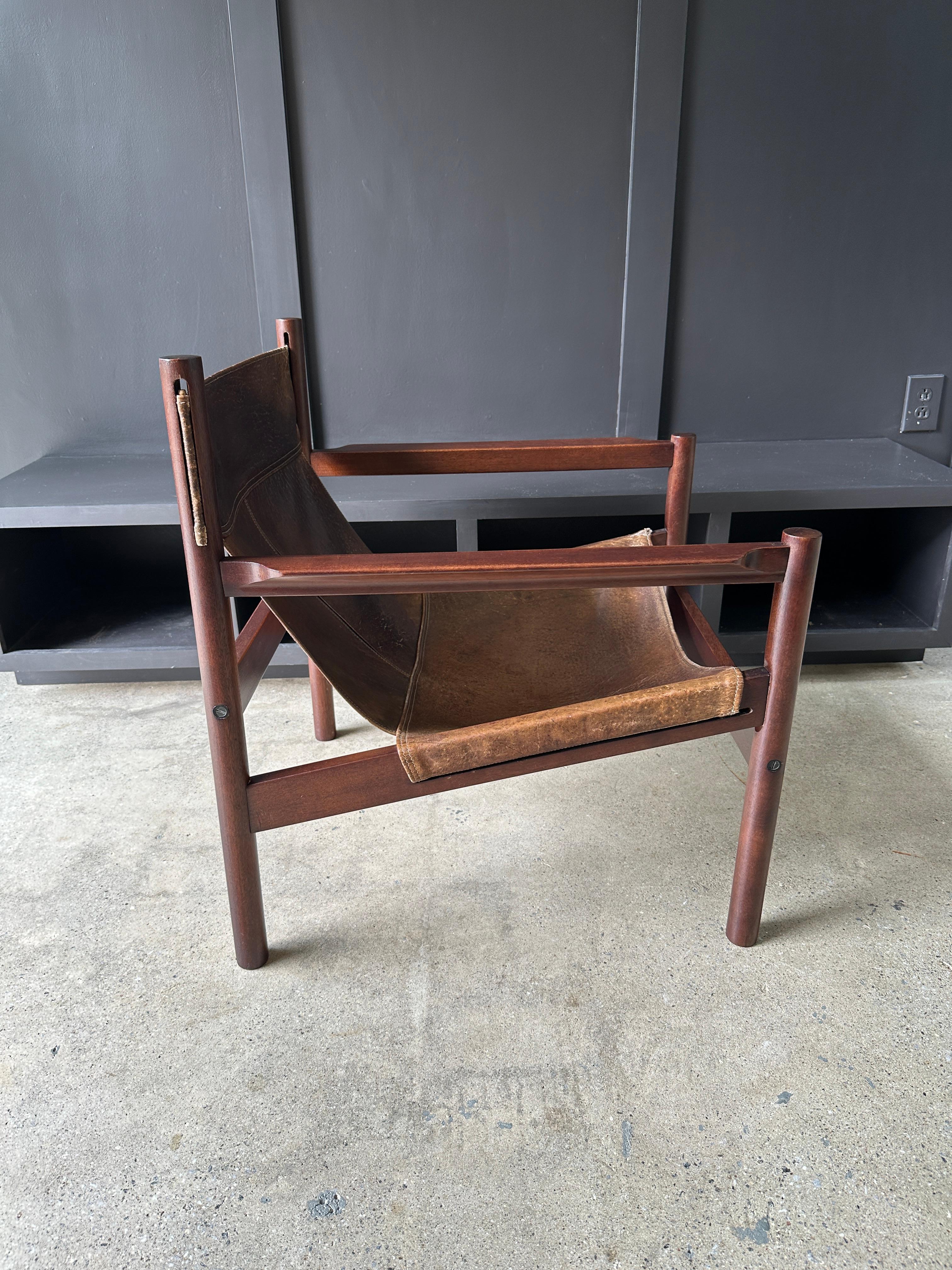 Mid Century Modern leather sling lounge chair by Michel Arnoult 1