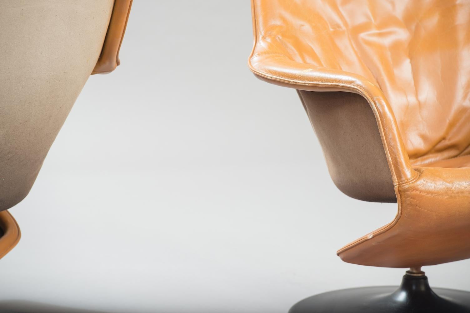 Danish Mid-Century Modern Leather Swivel Lounge Chairs, One Pair