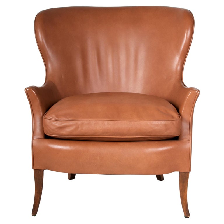 Mid-Century Modern Leather Wingback Club Chair in the Manner of Fritz Henningsen For Sale