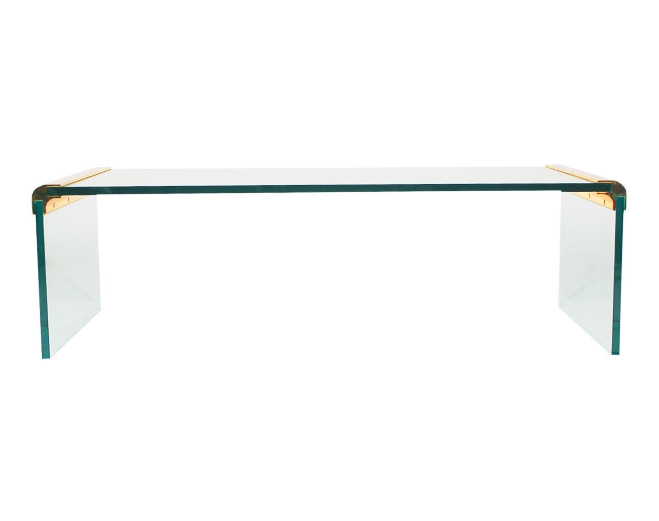 Mid-Century Modern Leon Rosen for Pace Glass & Brass Waterfall Coffee Table In Good Condition In Philadelphia, PA