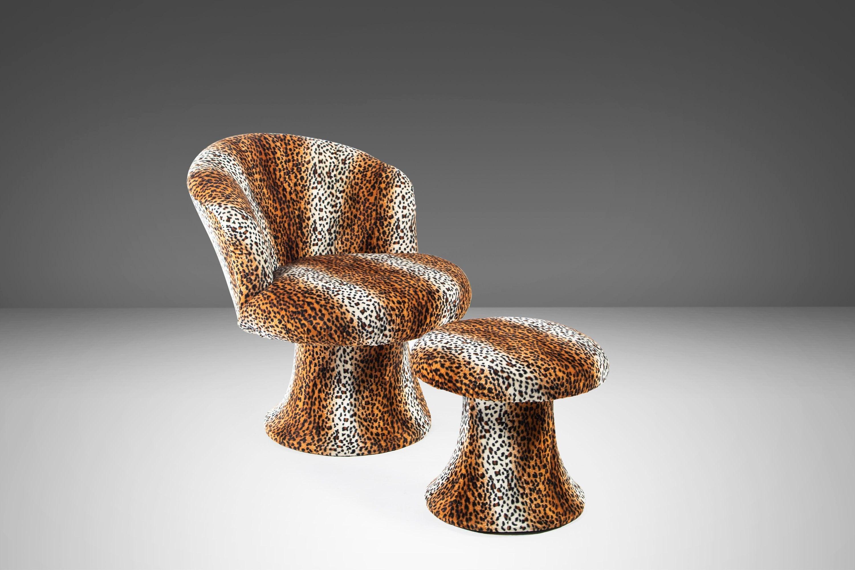 Hollywood Regency Mid Century Leopard Print Tulip Chair and Ottoman Set After Pierre Paulin, 1960s For Sale