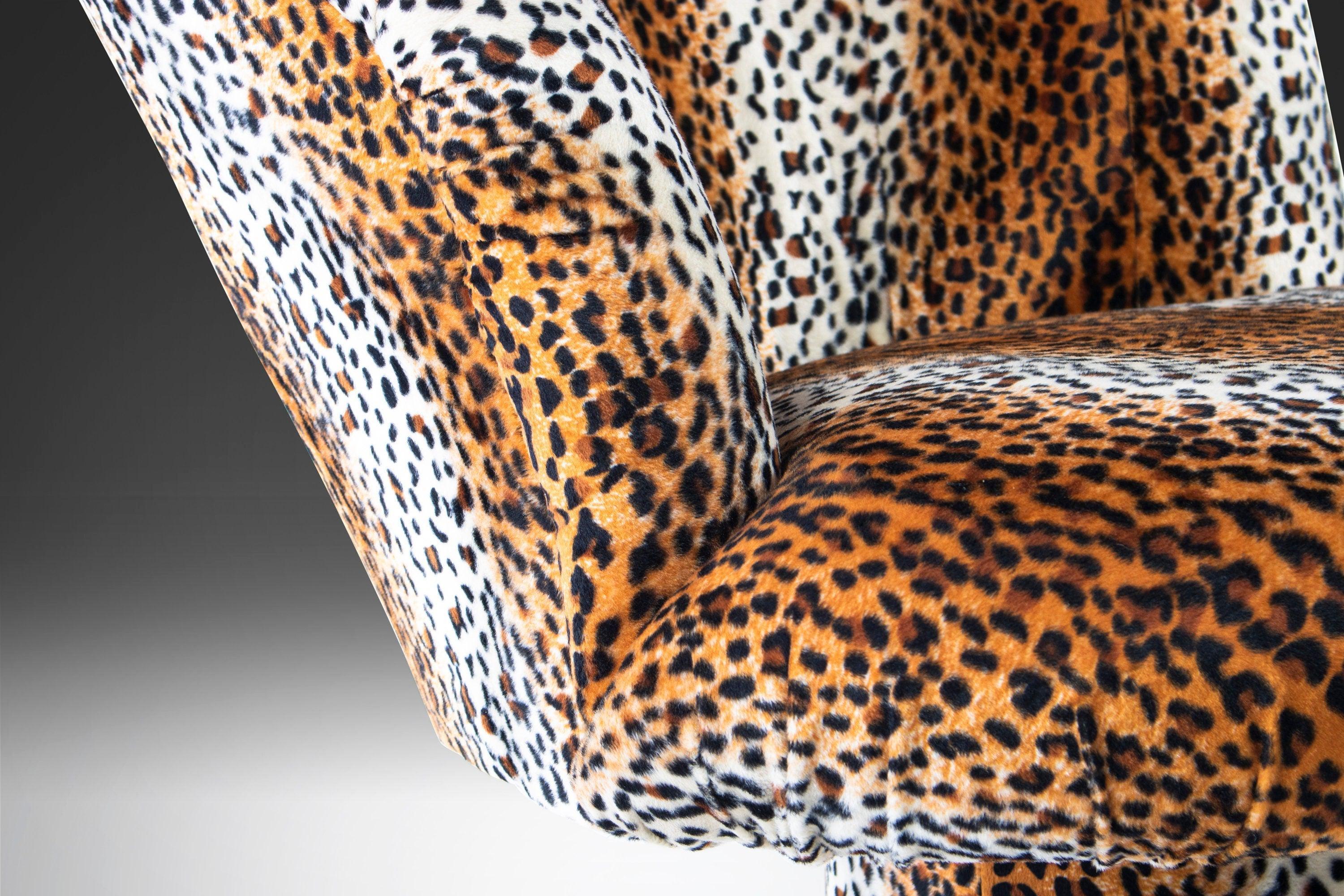 Fabric Mid Century Leopard Print Tulip Chair and Ottoman Set After Pierre Paulin, 1960s