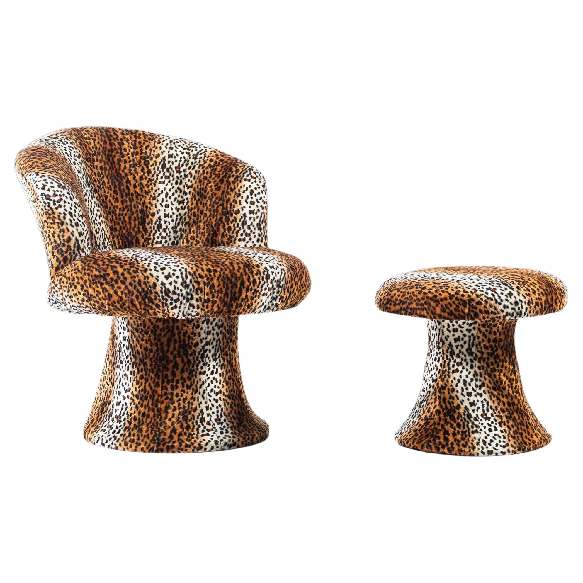 Mid Century Leopard Print Tulip Chair and Ottoman Set After Pierre Paulin, 1960s For Sale