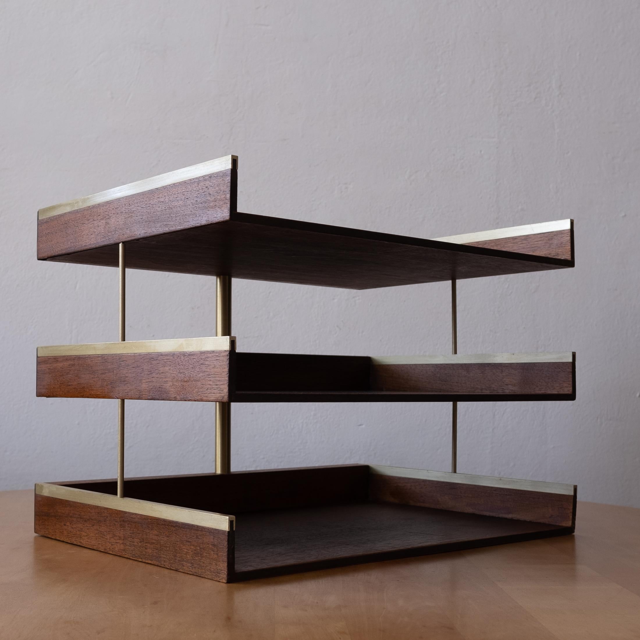American Mid-Century Modern Letter Tray in Walnut and Brass, 1960s