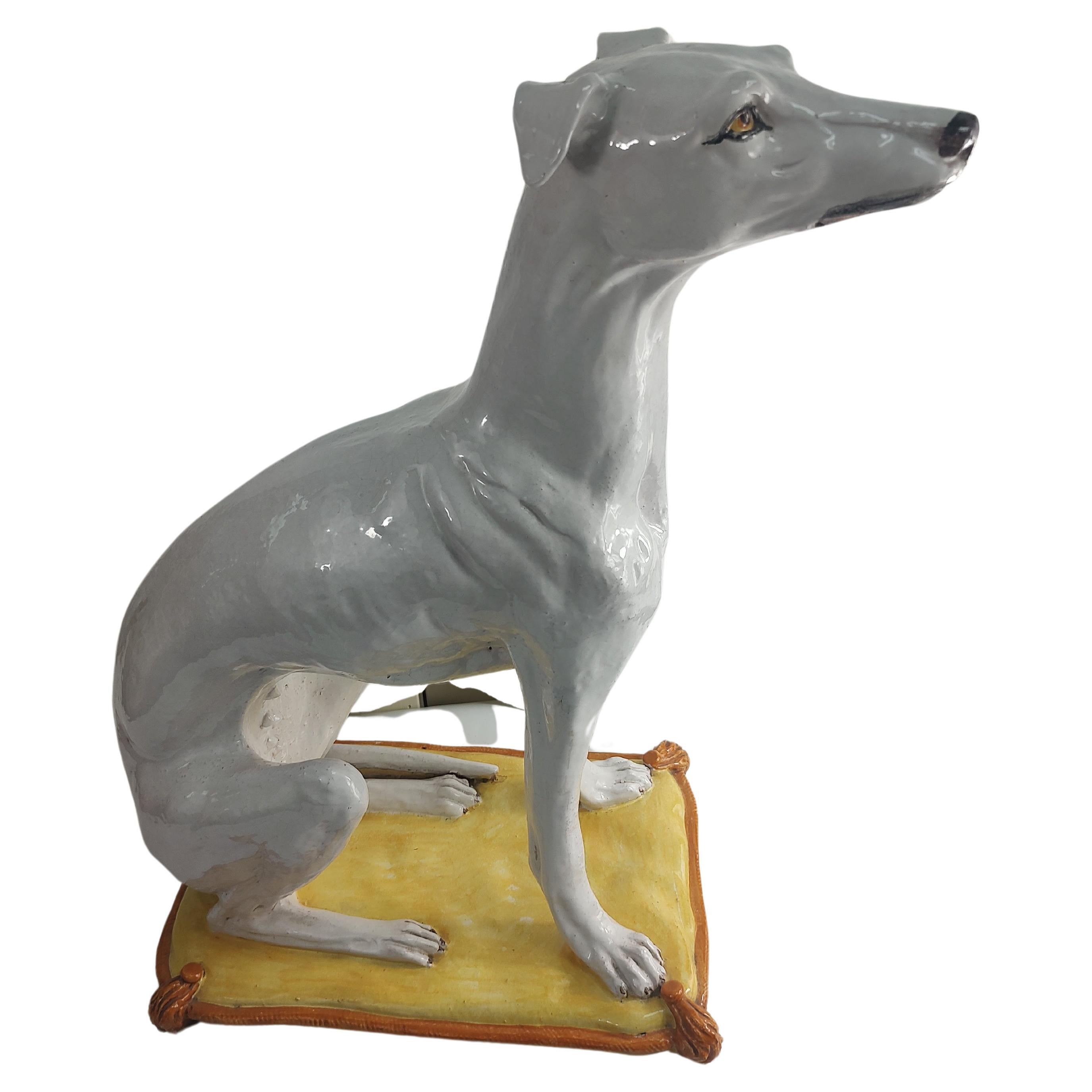 Italian Mid Century Modern Life Size Porcelain Sculpture of a Seated Whippet Dog Italy For Sale