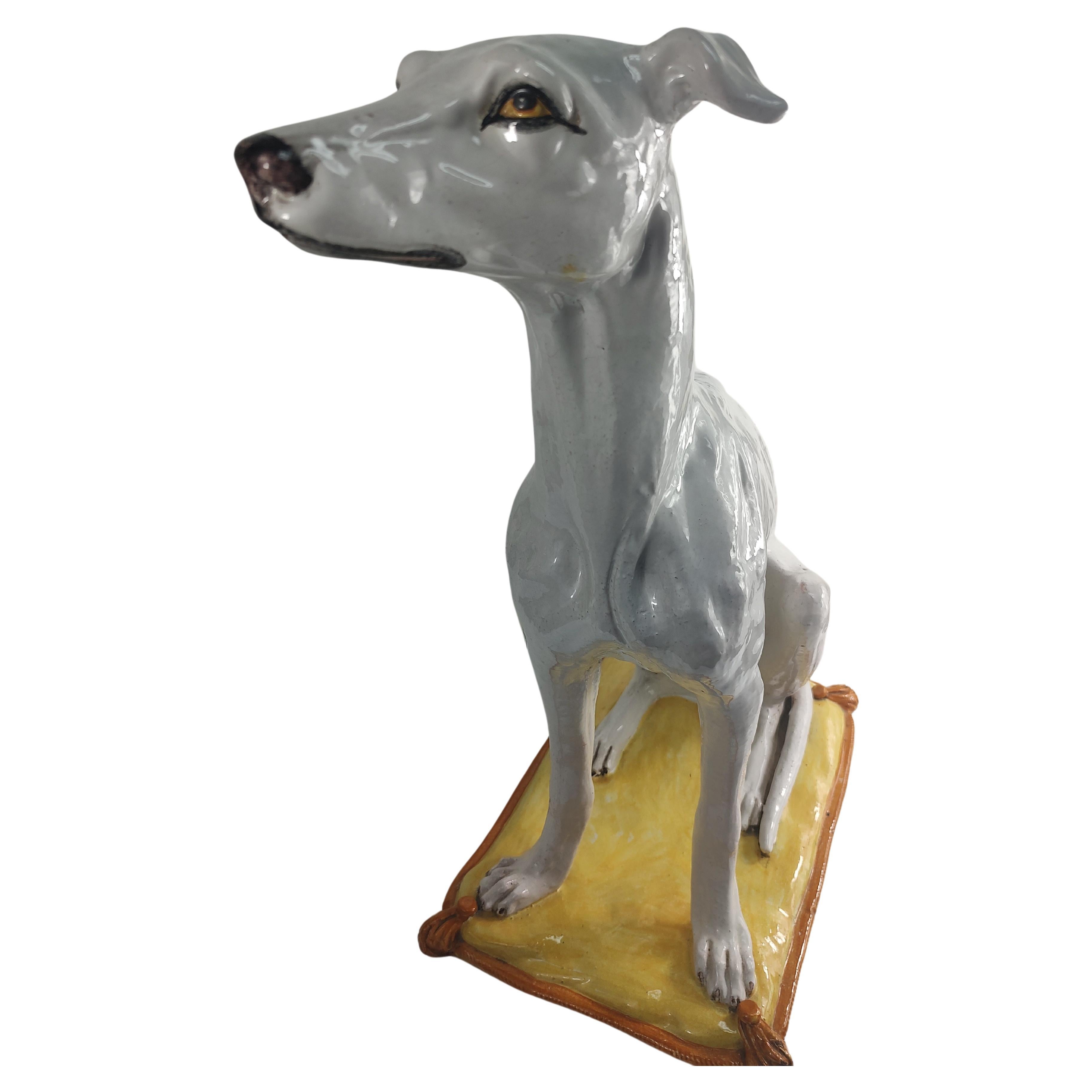 Hand-Painted Mid Century Modern Life Size Porcelain Sculpture of a Seated Whippet Dog Italy For Sale