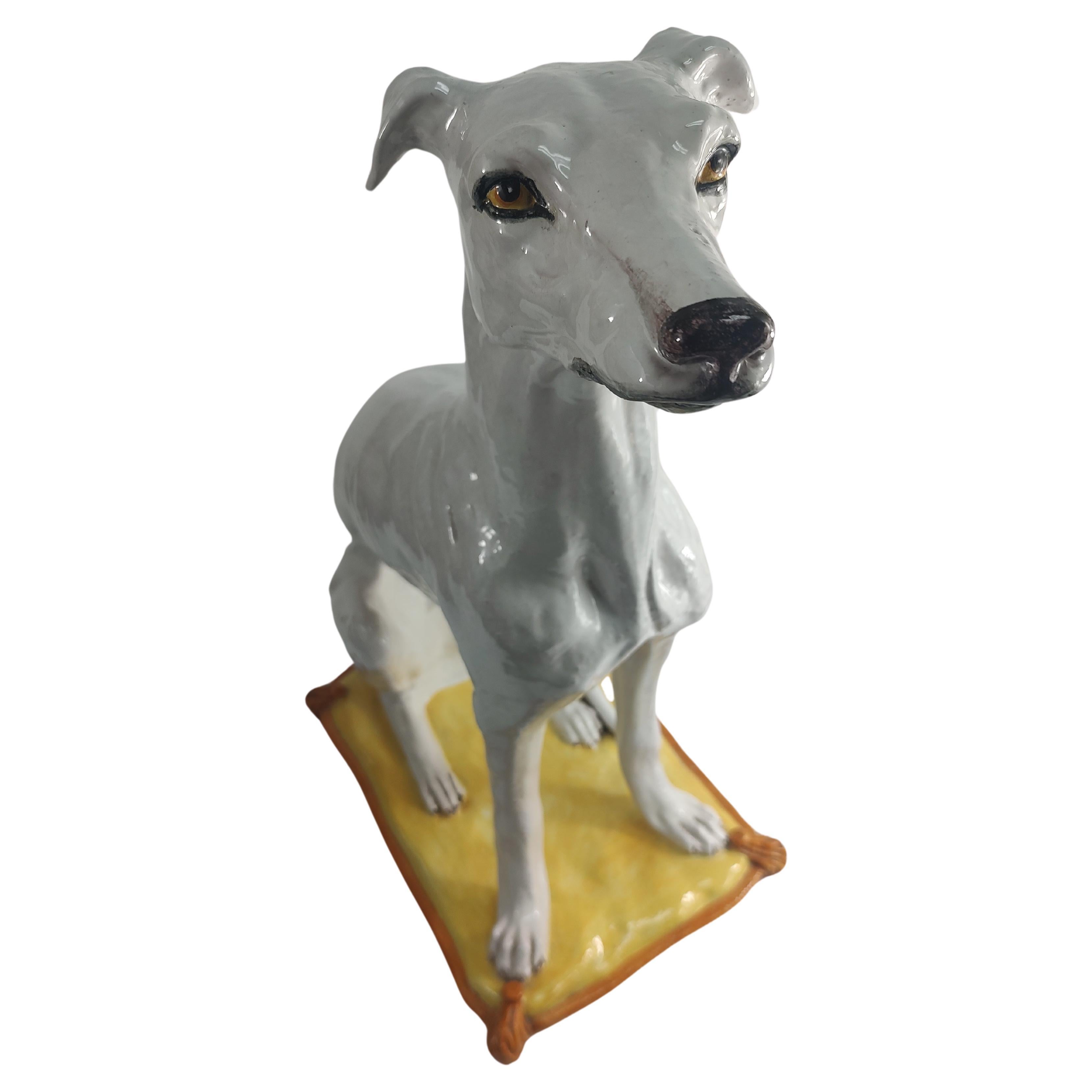 Hand-Painted Mid Century Modern Life Size Porcelain Sculpture of a Seated Whippet Dog Italy For Sale