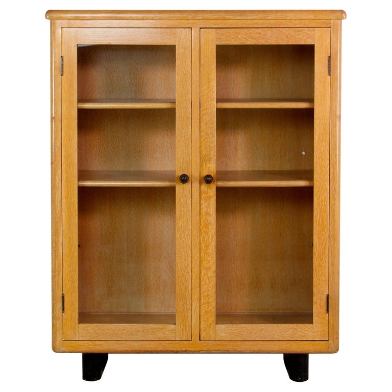 MidCentury Modern Light Oak Bookcase with Glass Doors For Sale