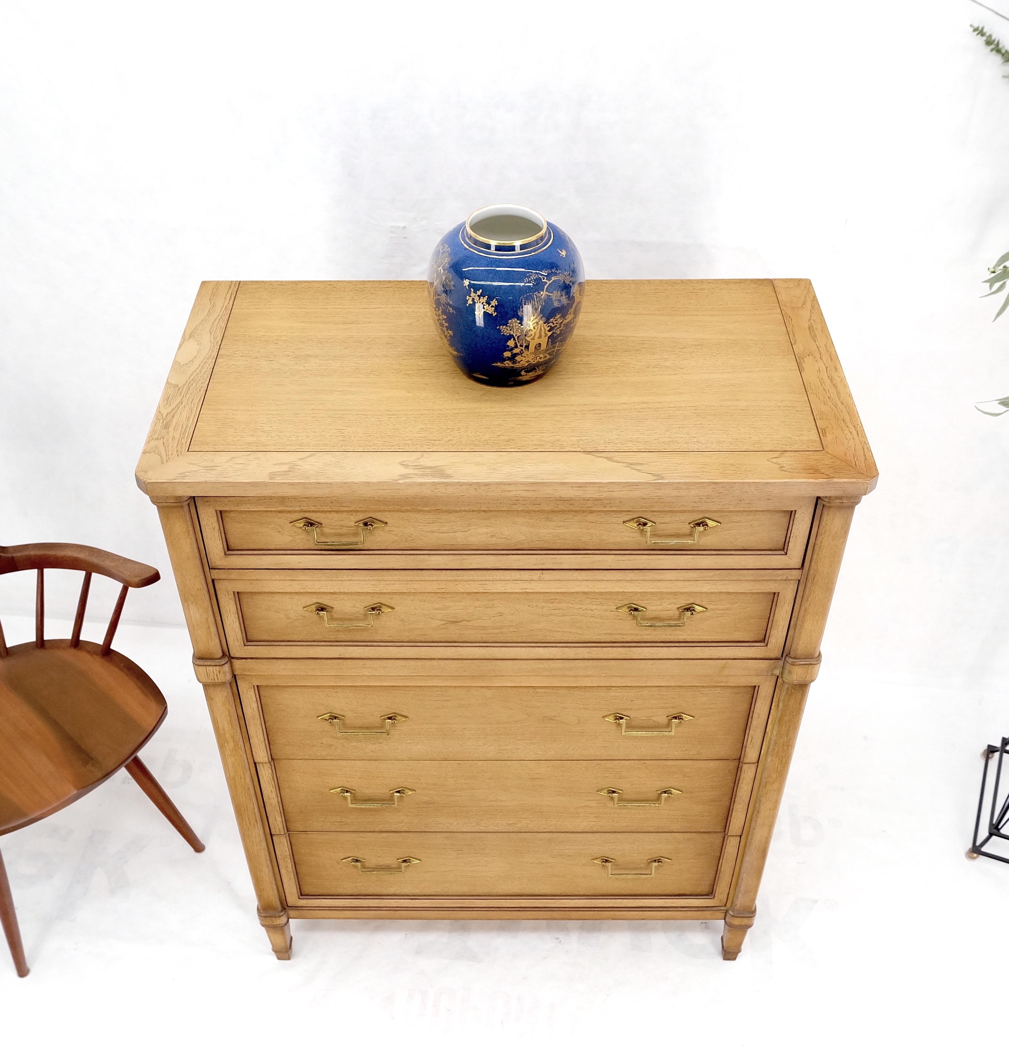 Mid-Century Modern Light Pickled Walnut Brass Pulls 5 Drawers Chest Dresser Mint For Sale 1