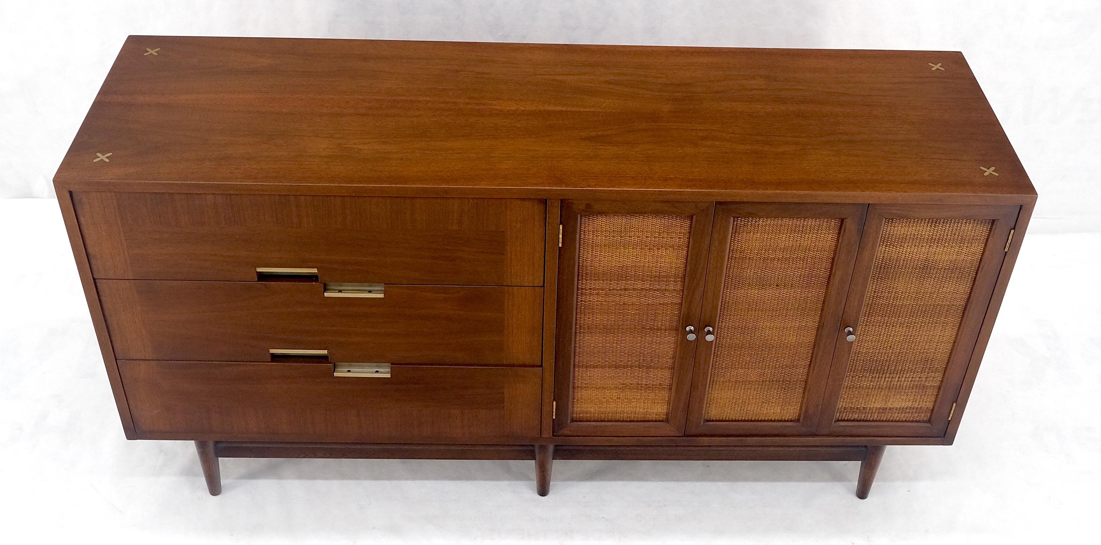 American Mid Century Modern Light Walnut Cane Doors 6 Drawers Compact Dresser MINT! For Sale