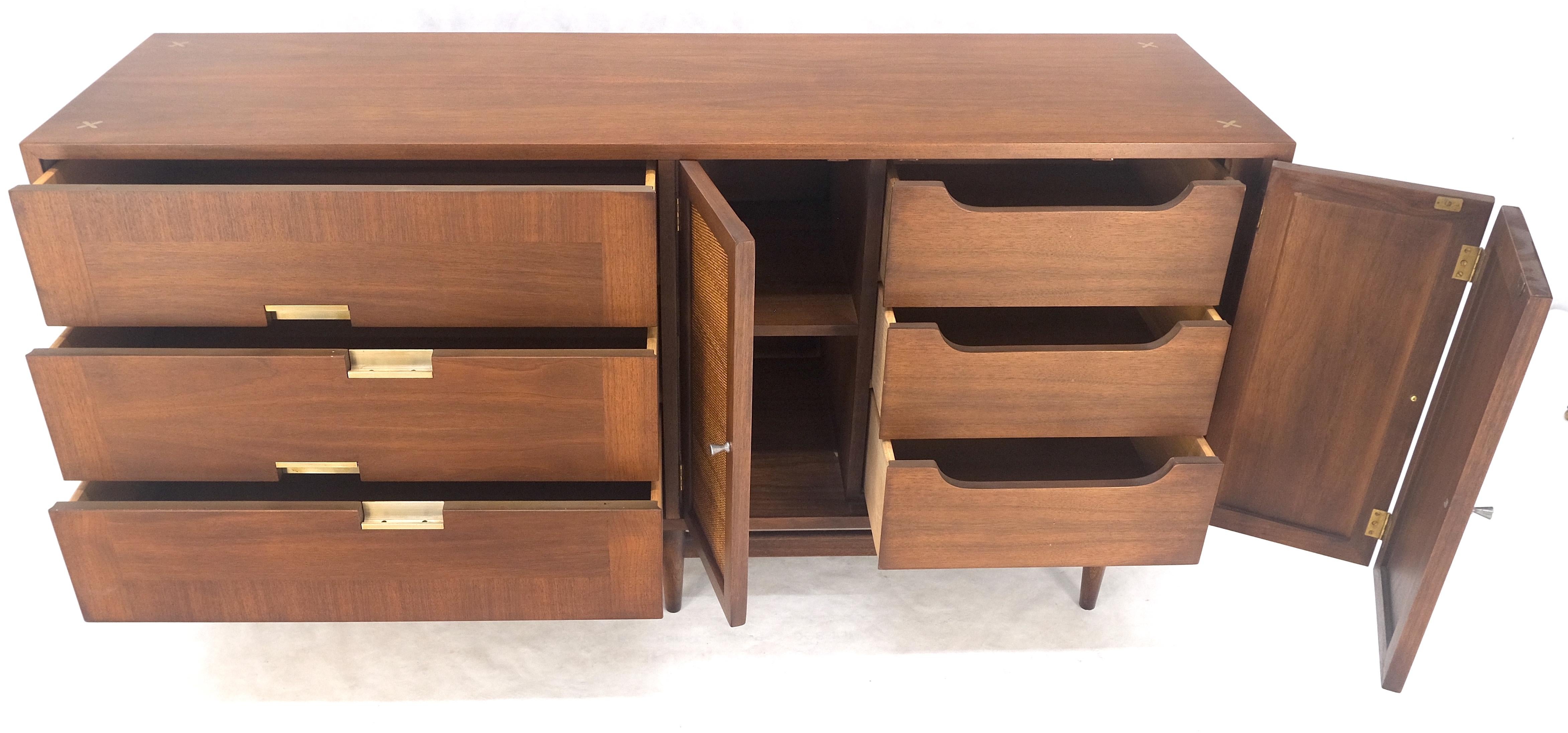 20th Century Mid Century Modern Light Walnut Cane Doors 6 Drawers Compact Dresser MINT! For Sale