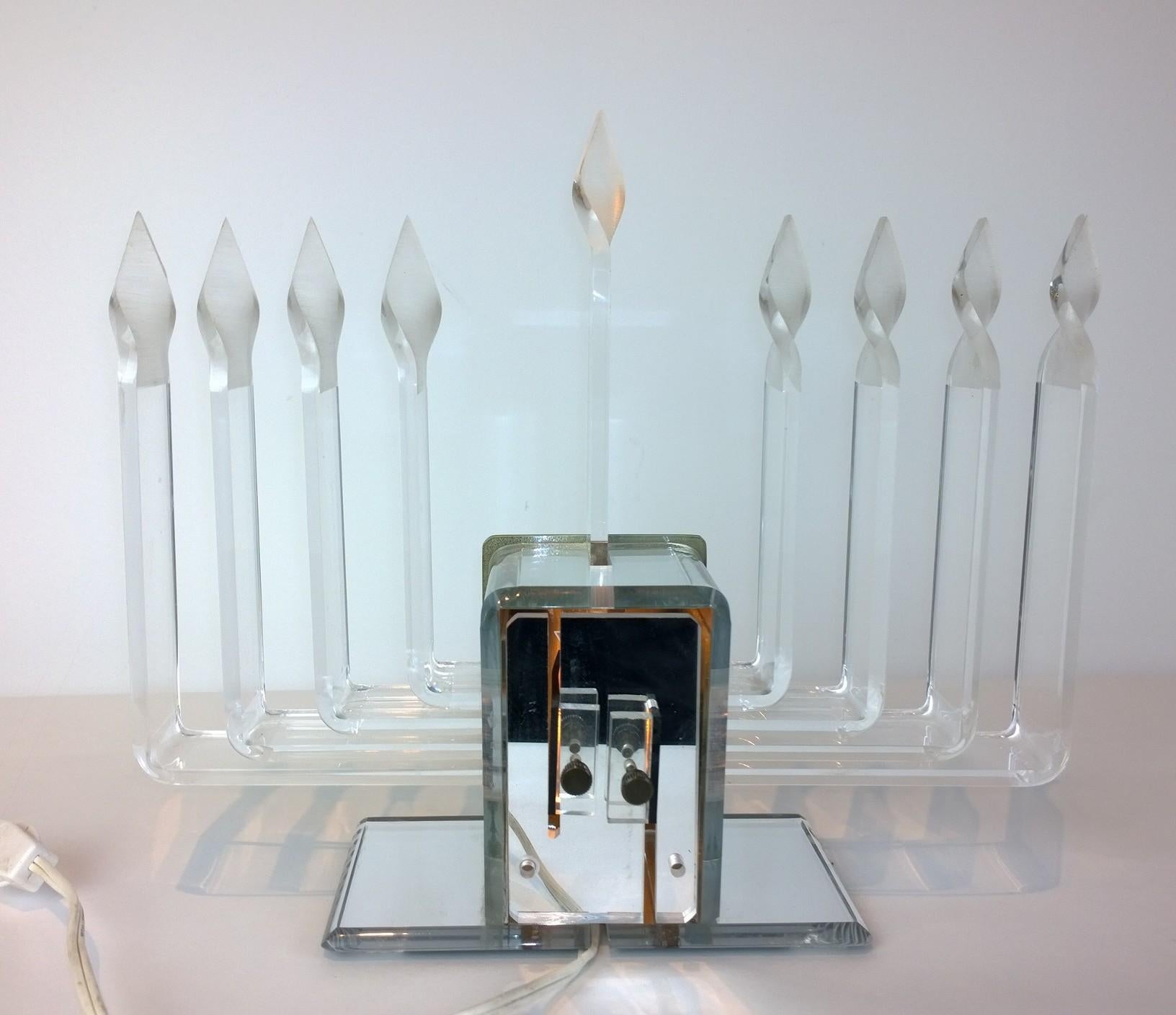 American Adjustable Candelabra Lighting Lucite and Mirror Menorah with Lit Star of David For Sale