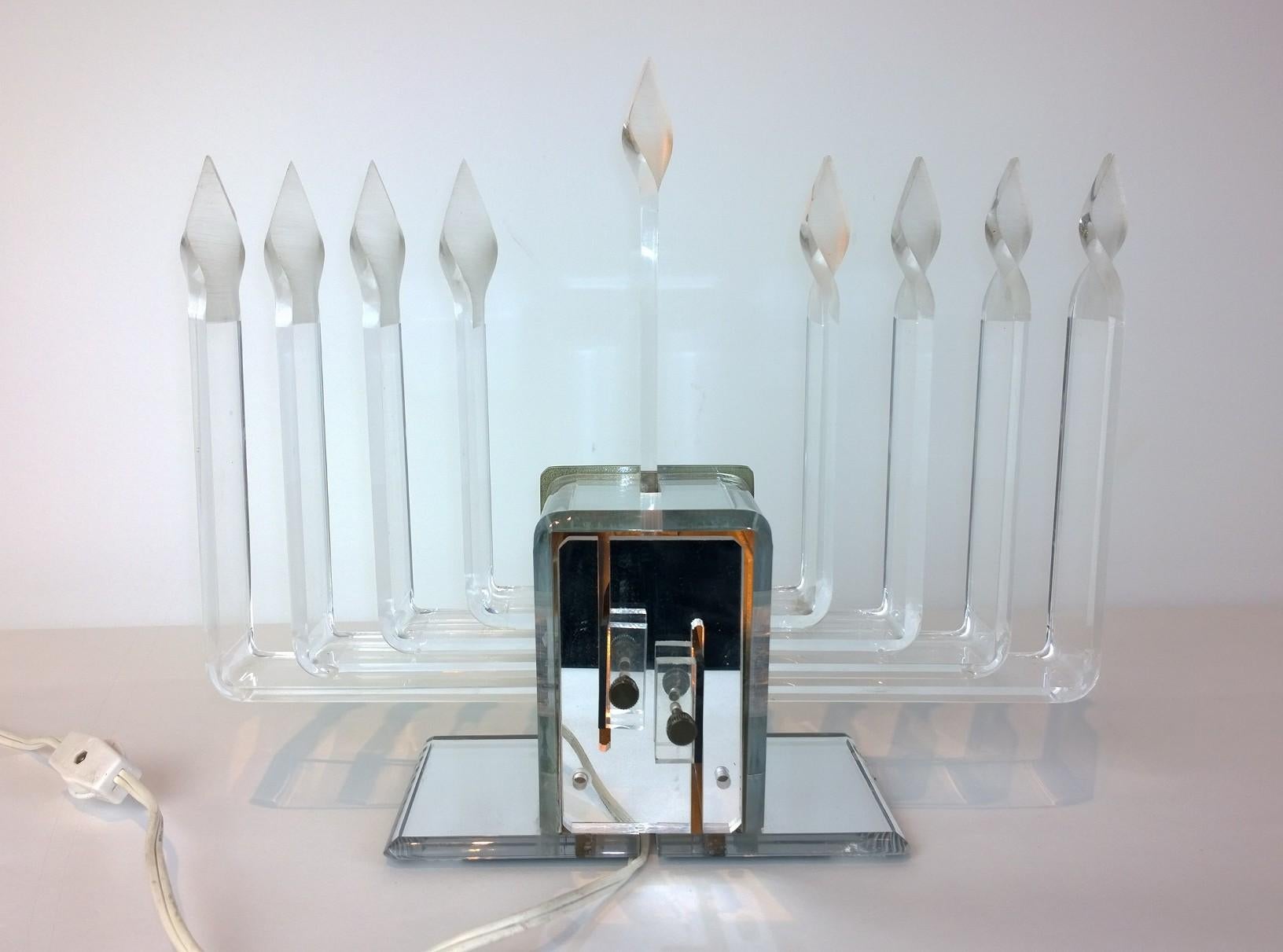 Frosted Adjustable Candelabra Lighting Lucite and Mirror Menorah with Lit Star of David For Sale