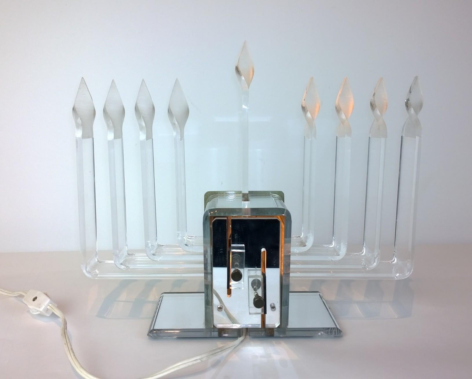 20th Century Adjustable Candelabra Lighting Lucite and Mirror Menorah with Lit Star of David For Sale