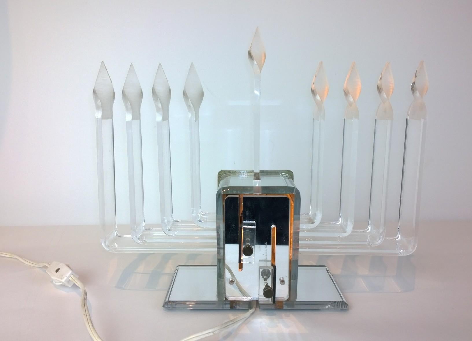 Adjustable Candelabra Lighting Lucite and Mirror Menorah with Lit Star of David For Sale 1