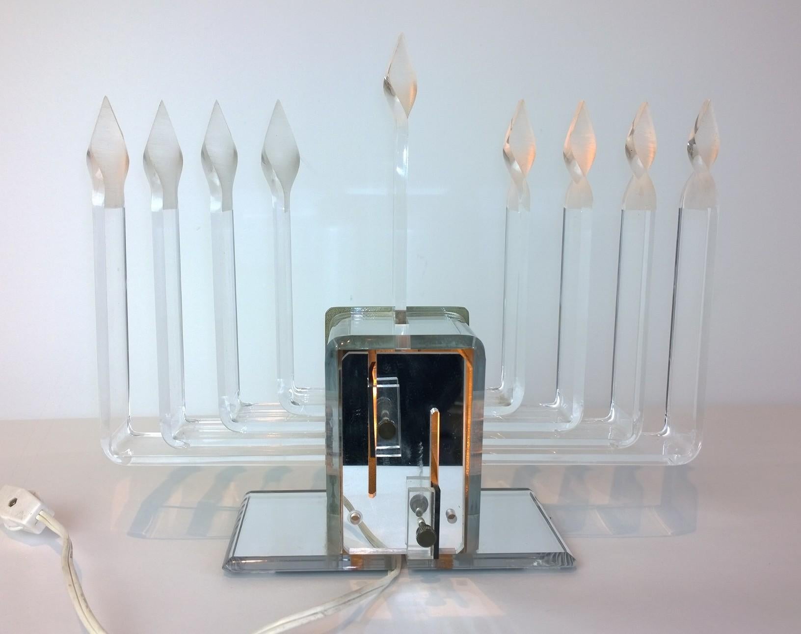 Adjustable Candelabra Lighting Lucite and Mirror Menorah with Lit Star of David For Sale 2