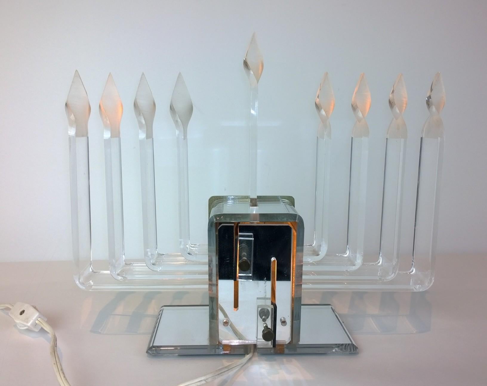 Adjustable Candelabra Lighting Lucite and Mirror Menorah with Lit Star of David For Sale 3