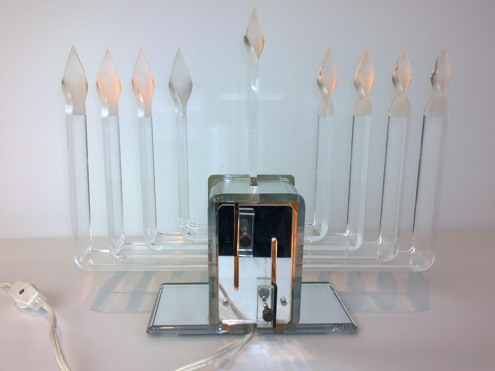 Adjustable Candelabra Lighting Lucite and Mirror Menorah with Lit Star of David For Sale 4