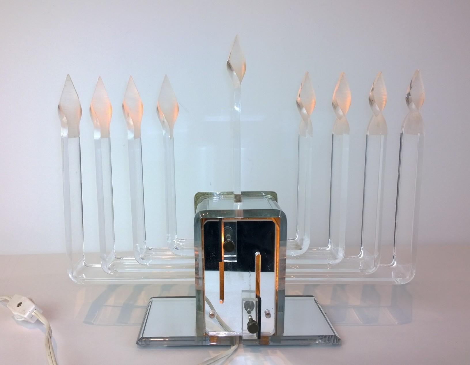 Adjustable Candelabra Lighting Lucite and Mirror Menorah with Lit Star of David For Sale 5