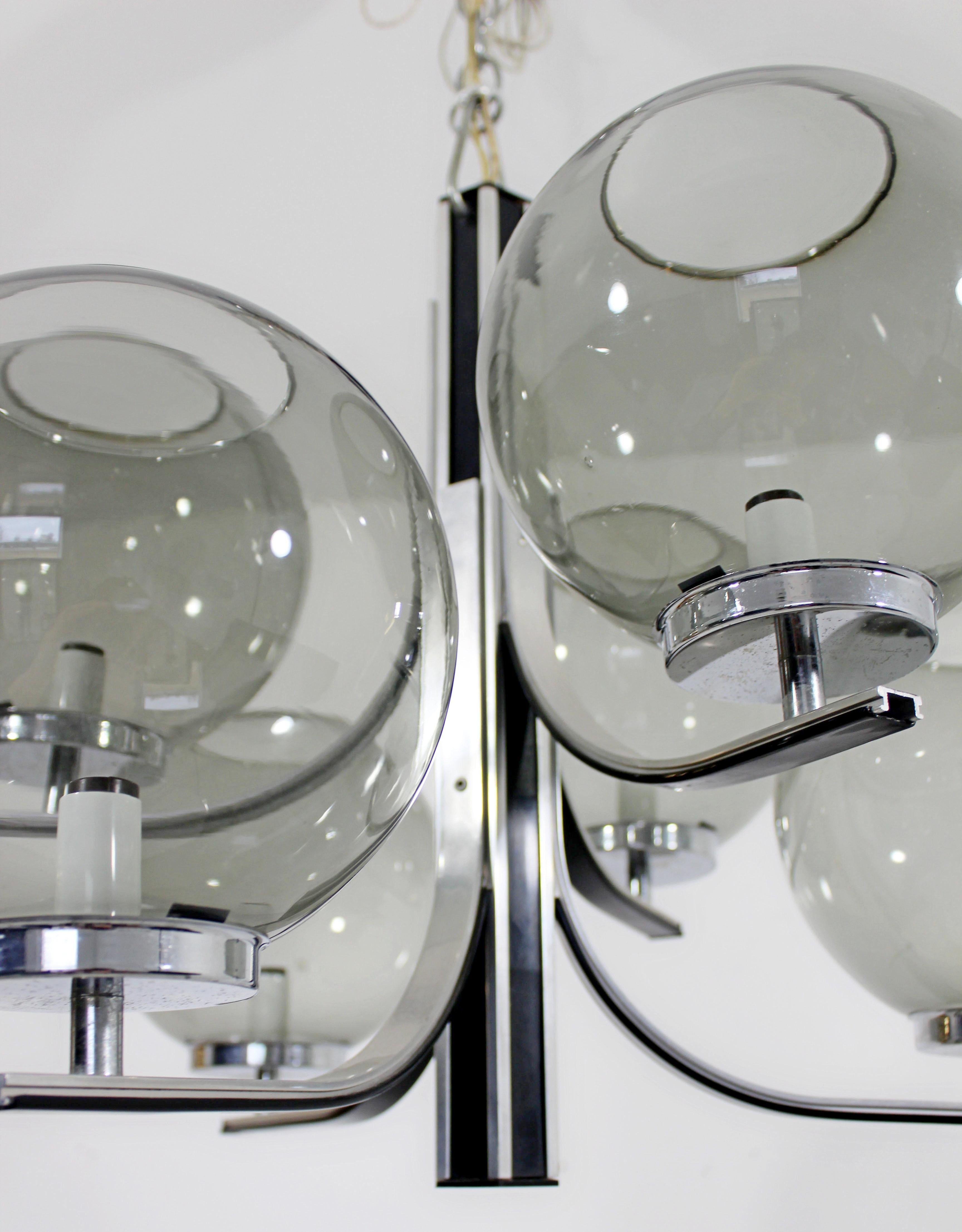 Mid-Century Modern Lightolier 6 Smoked Glass Globe Chrome Chandelier Fixture 2