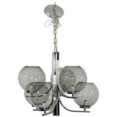 Mid-Century Modern Lightolier 6 Smoked Glass Globe Chrome Chandelier Fixture