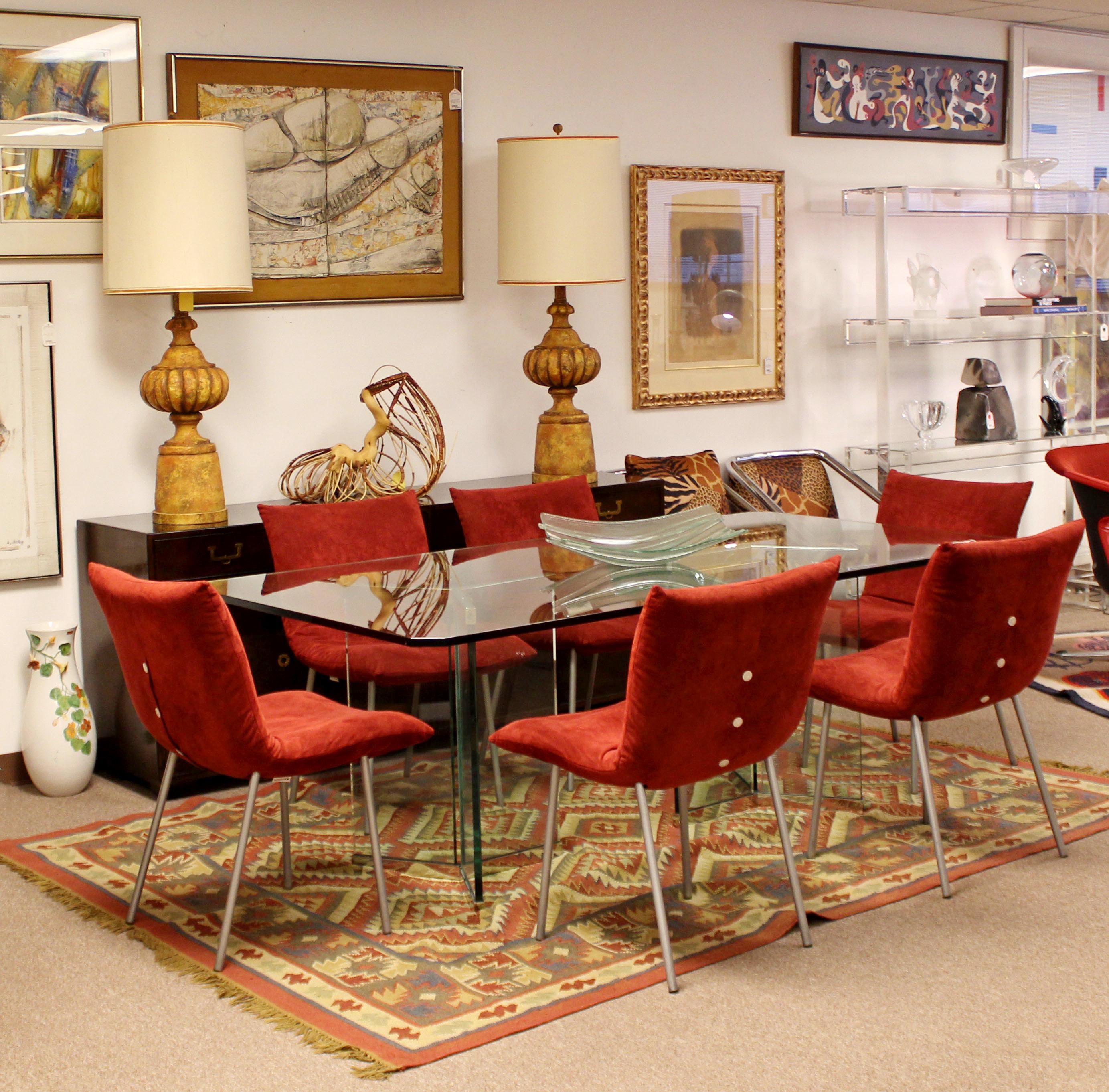 Mid-Century Modern Ligne Roset Set 6 Calin Dining Side Chairs Red Suede Aluminum 2