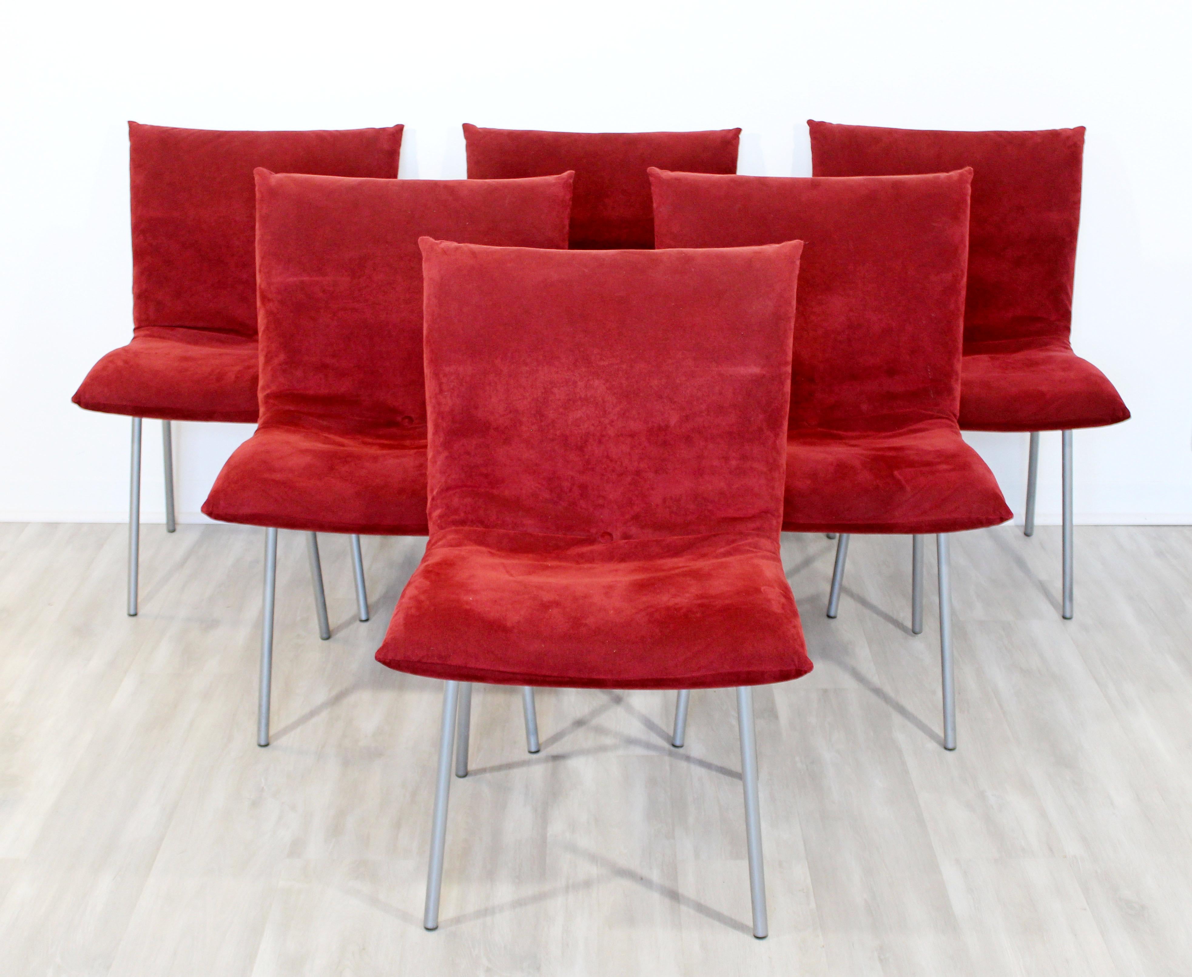 For your consideration is an elegant set of six side Calin Pascal dining chairs, with chrome legs and red suede upholstery, by Ligne Roset, circa 1960s. In very good condition. The dimensions of each are 21