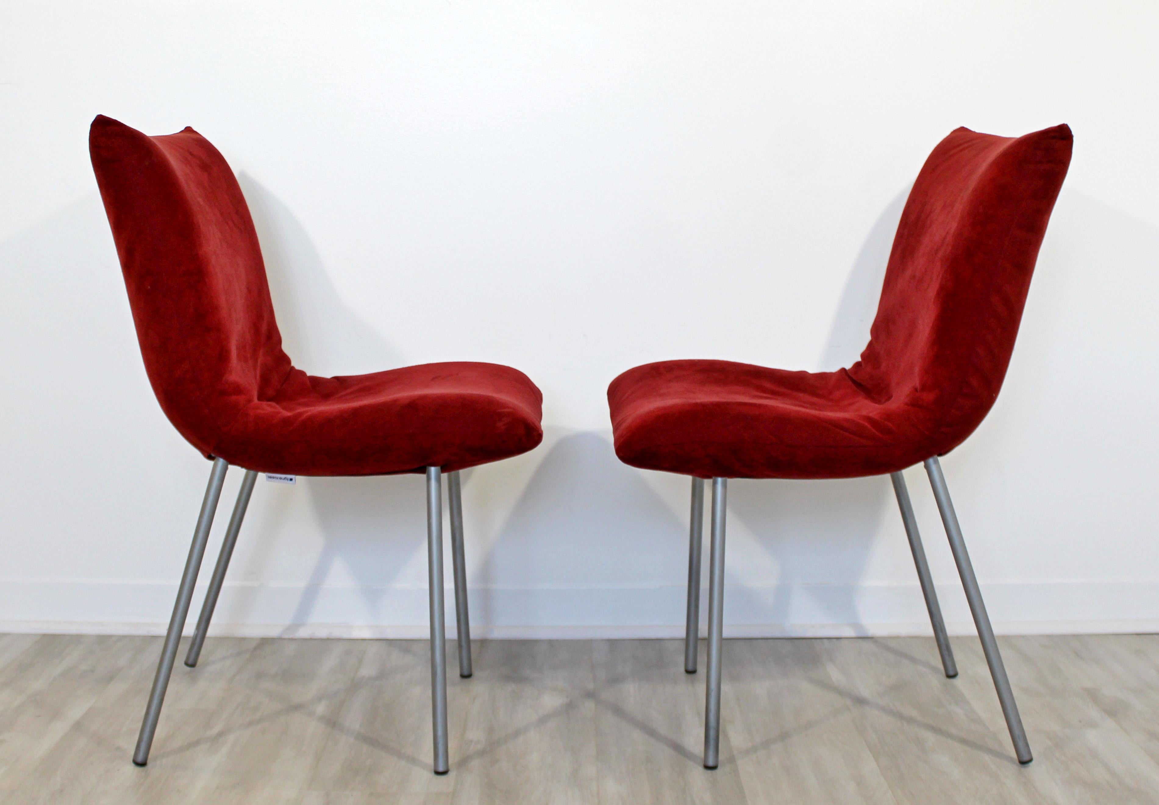 American Mid-Century Modern Ligne Roset Set 6 Calin Dining Side Chairs Red Suede Aluminum