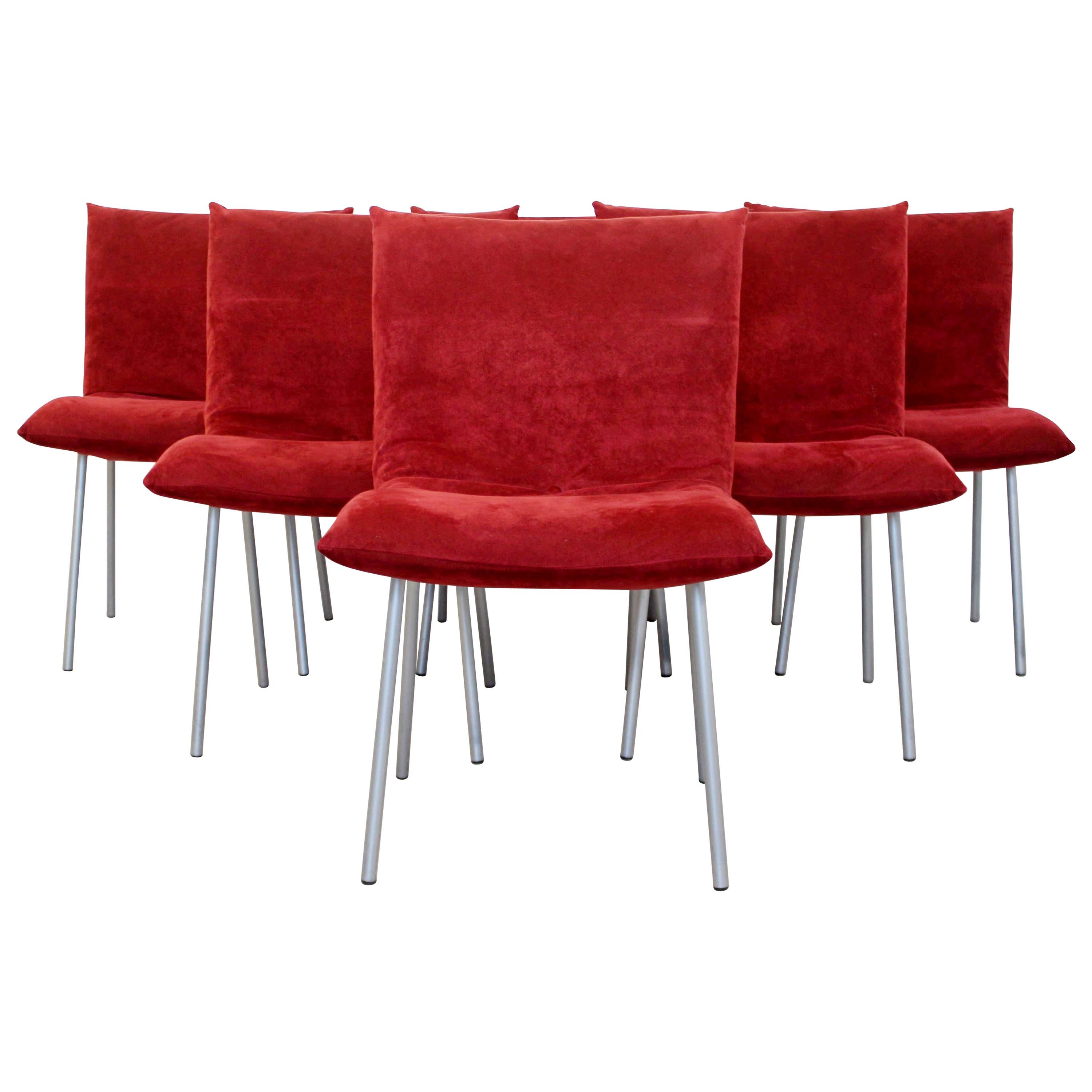 Mid-Century Modern Ligne Roset Set 6 Calin Dining Side Chairs Red Suede Aluminum