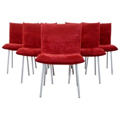 Mid-Century Modern Ligne Roset Set 6 Calin Esstisch Stühle Rot Wildleder Aluminium