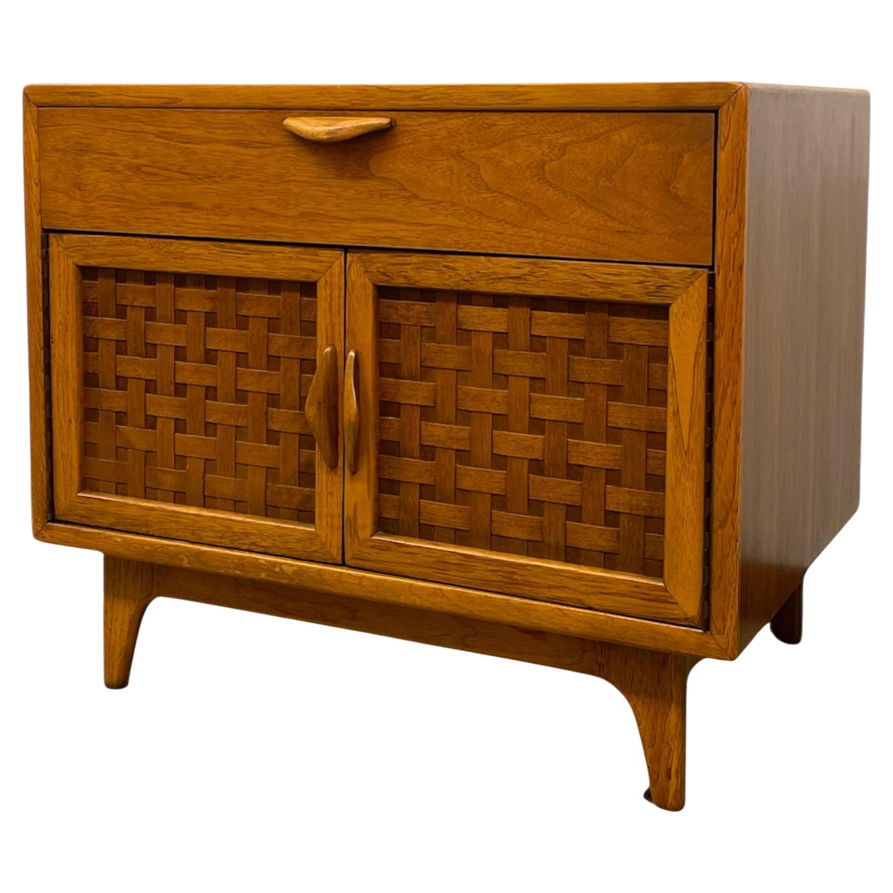 Mid-Century Modern Likely Oak Woven Front Cabinet by Lane Furniture. For Sale