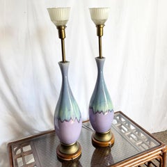 Mid Century Modern Lilac and Sky Blue Glazed Ceramic Table Lamps - A Pair