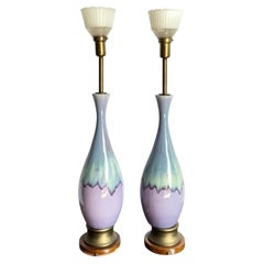 Mid Century Modern Lilac and Sky Blue Glazed Ceramic Table Lamps - A Pair