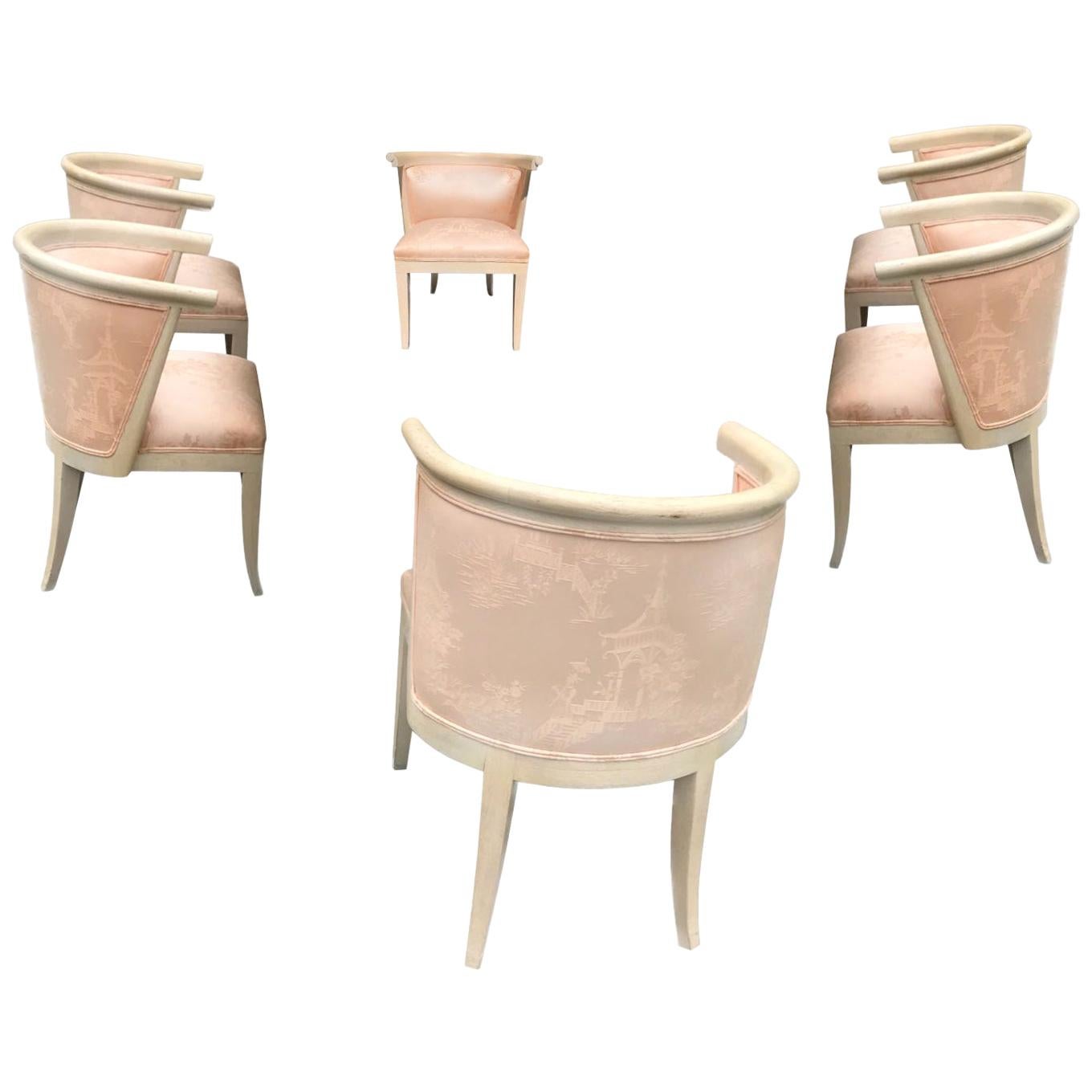 Mid-Century Modern Limed Oak and Silk Barrel Chairs Harold Schwartz for Romweber