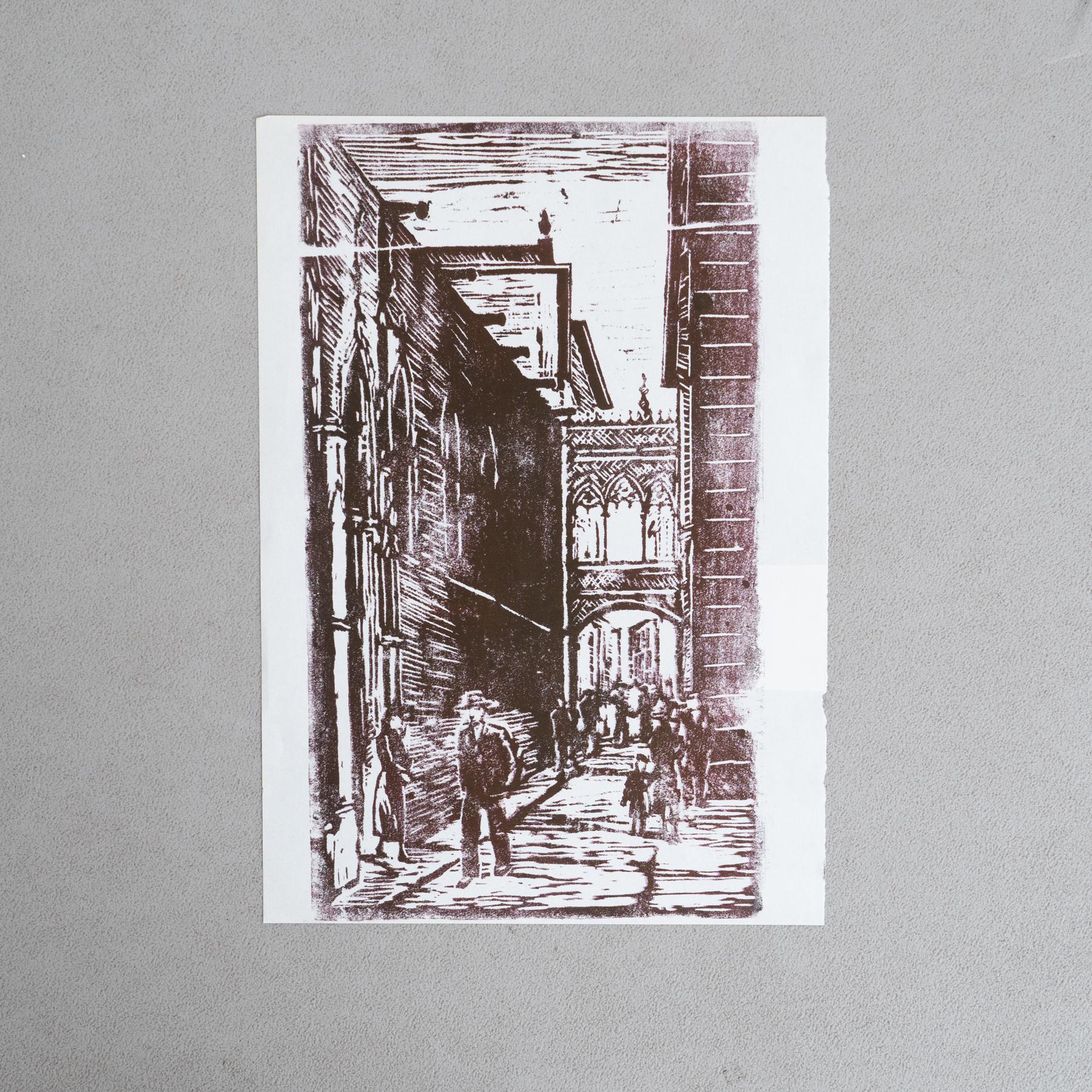 Linogravure moderne du milieu du siècle
Par un artiste inconnu

En état d'origine avec une légère usure due à l'âge et à l'utilisation.