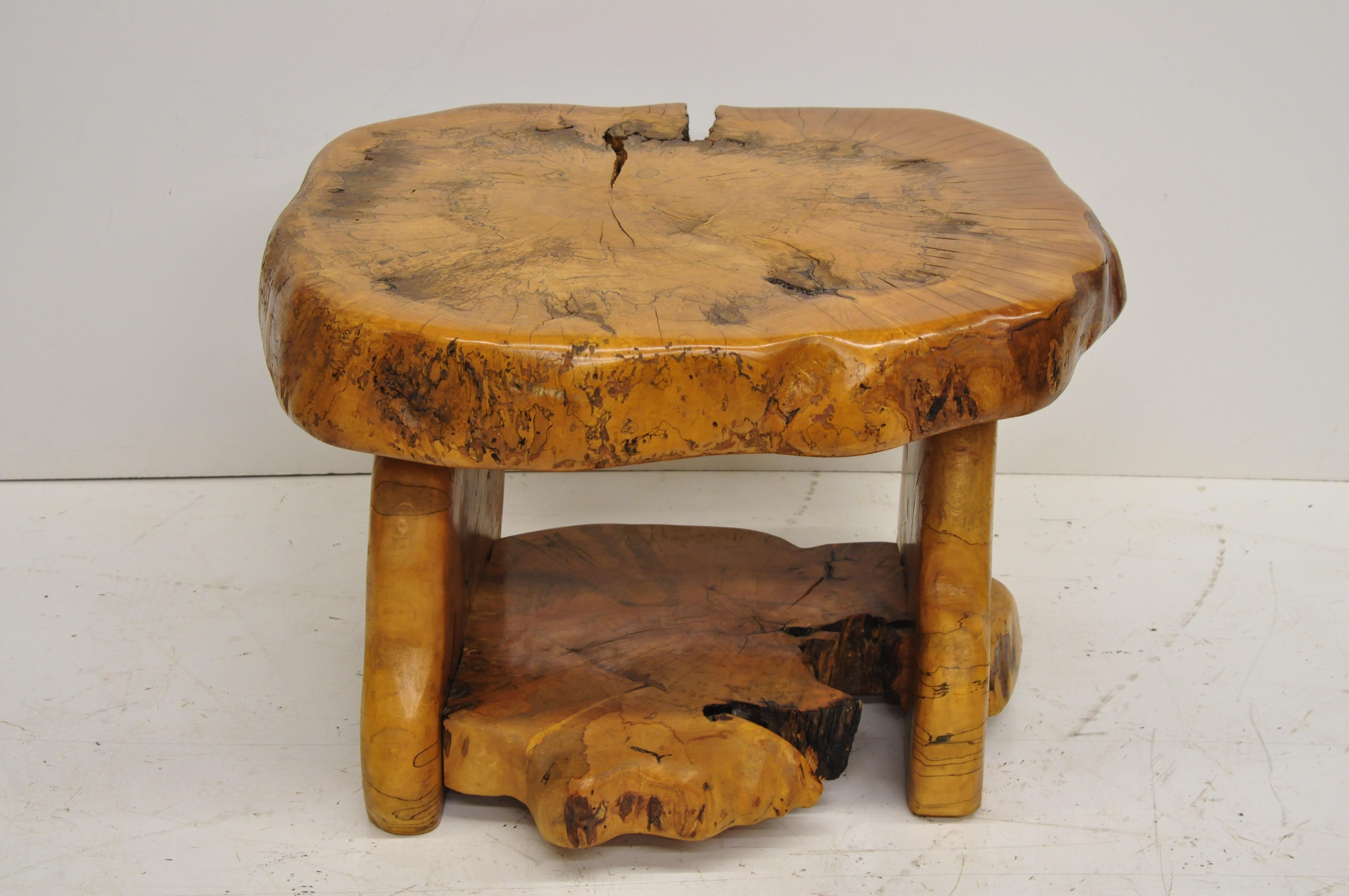 Mid-Century Modern live edge burl wood slab coffee table by Fabulous Furniture, circa 1976. Item is by Fabulous Furniture and designed by Steve Heller in New York, solid wood construction, beautiful spalted wood, original signature, sleek sculptural