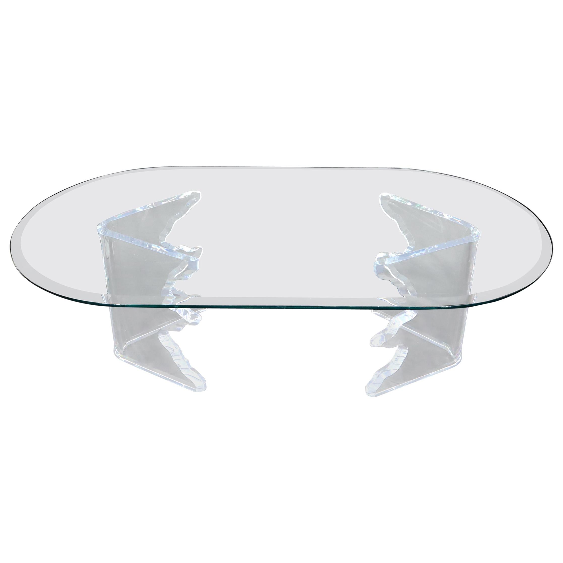 Mid-Century Modern Live Edge Lucite Base Racetrack Oval Top Coffee Table