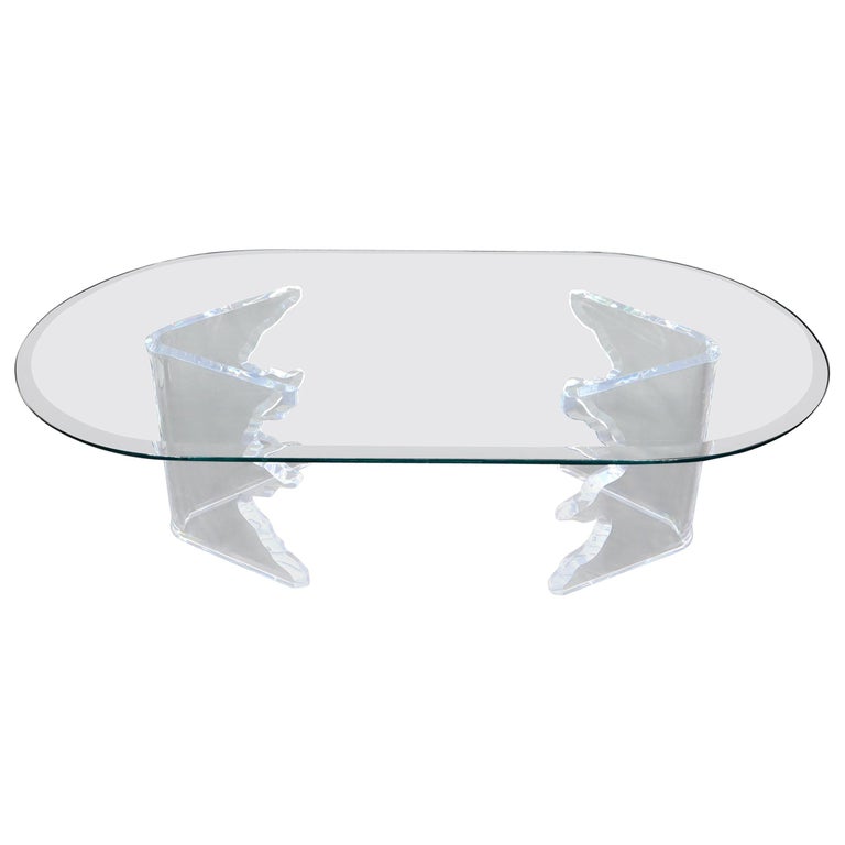 Mid-Century Modern Live Edge Lucite Base Racetrack Oval Top Coffee Table For Sale