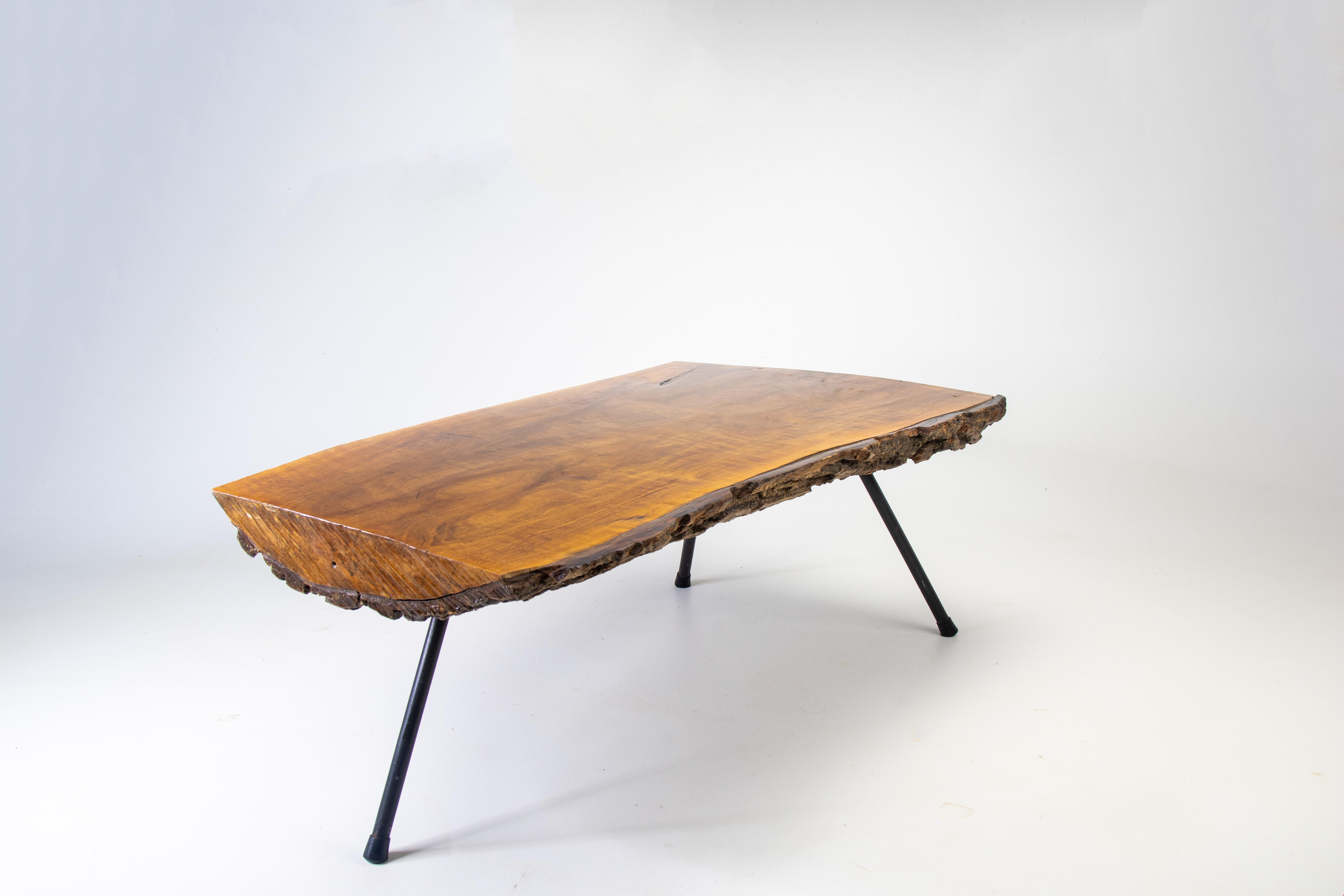 American Mid Century Modern Live edge Pine coffee table after Carl Aubock iron legs For Sale