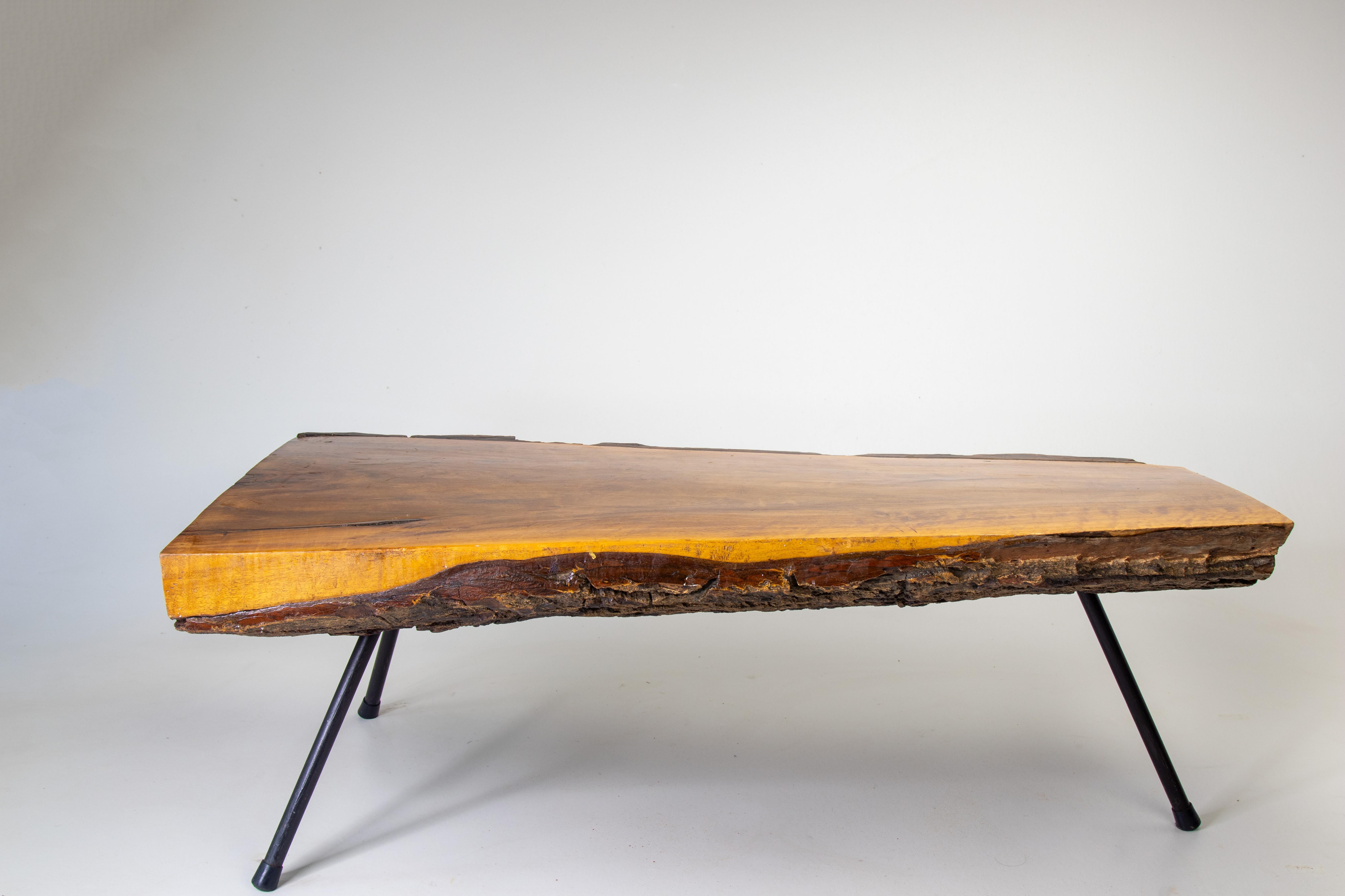 Mid-20th Century Mid Century Modern Live edge Pine coffee table after Carl Aubock iron legs For Sale