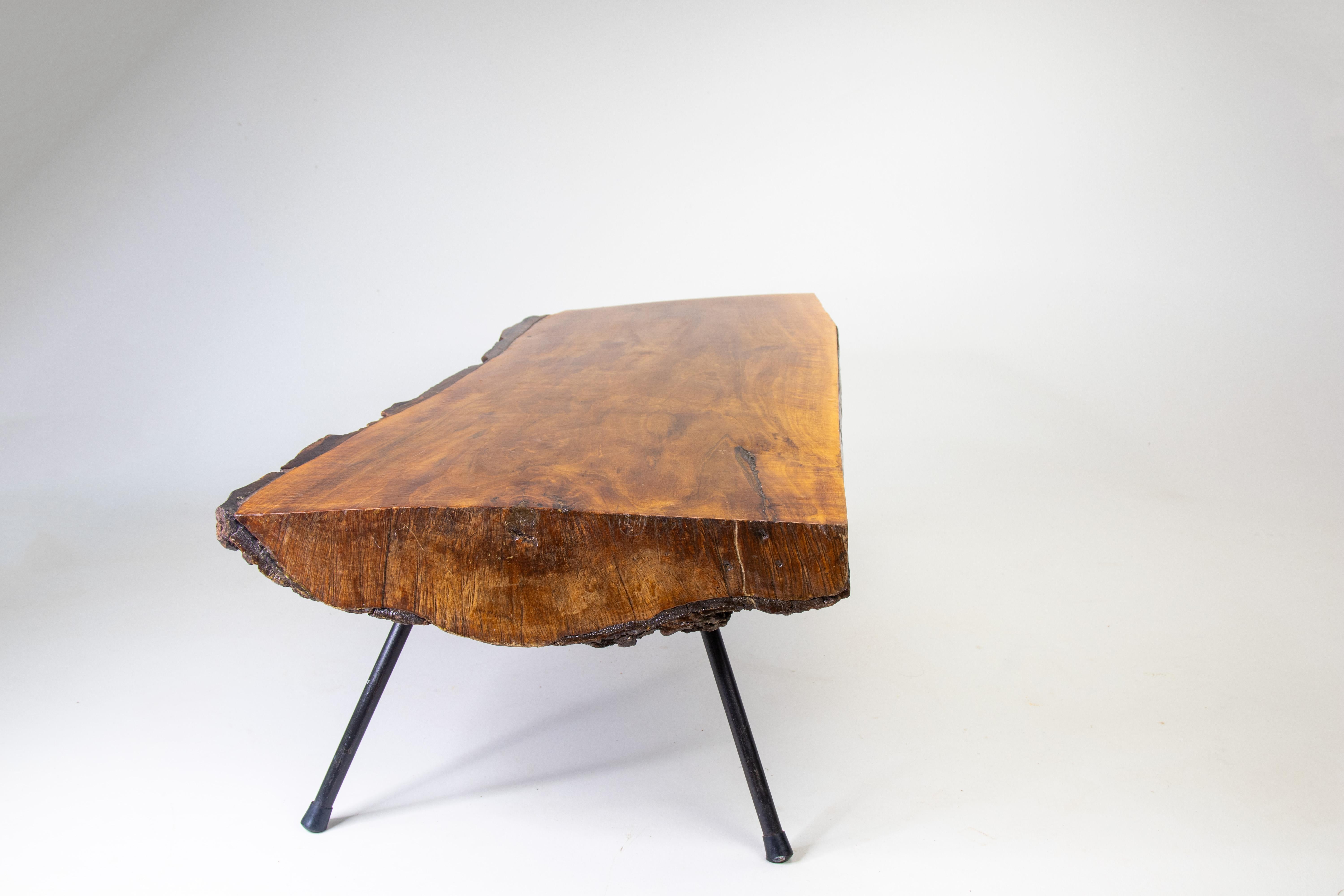 Iron Mid Century Modern Live edge Pine coffee table after Carl Aubock iron legs For Sale