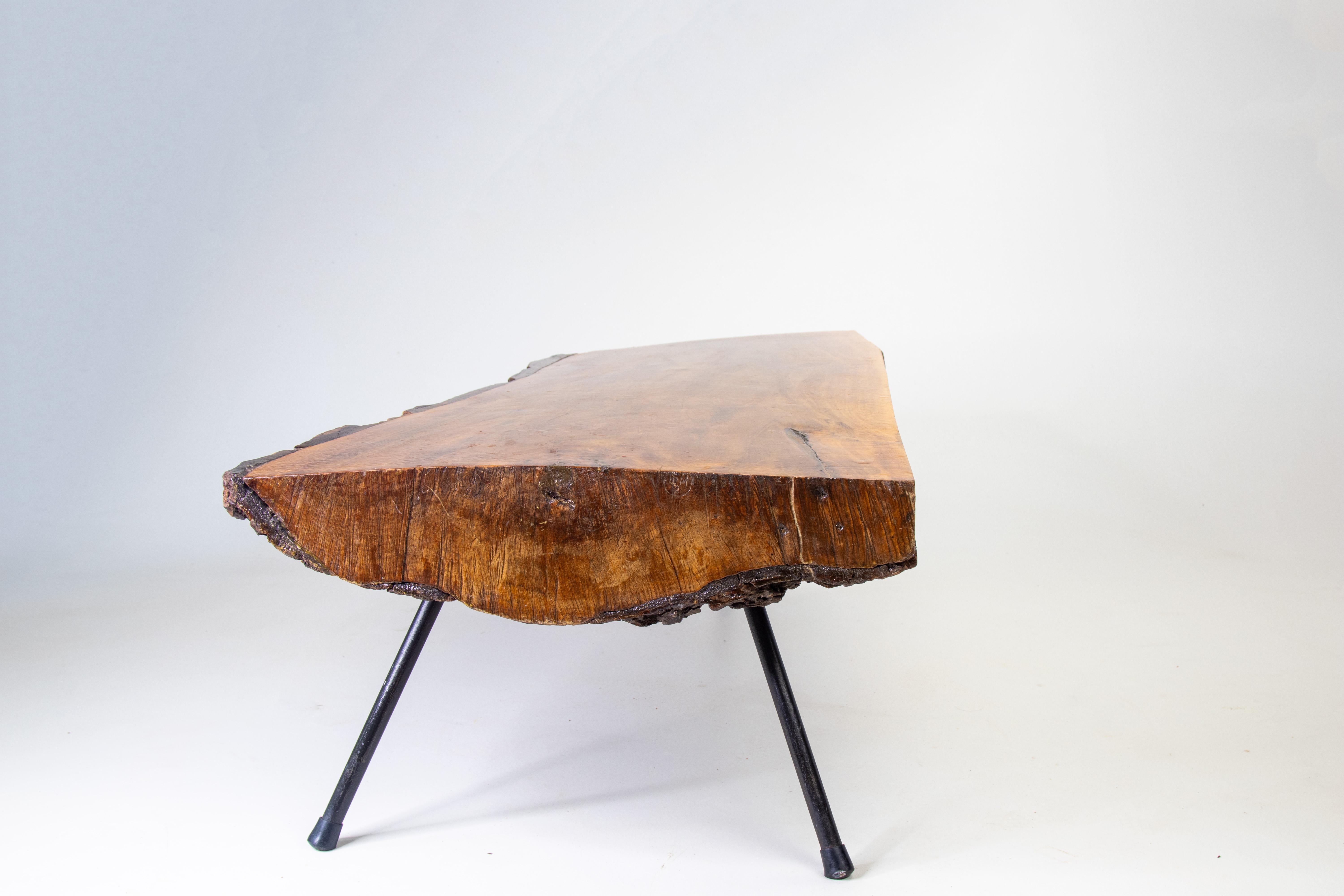 Mid Century Modern Live edge Pine coffee table after Carl Aubock iron legs For Sale 1