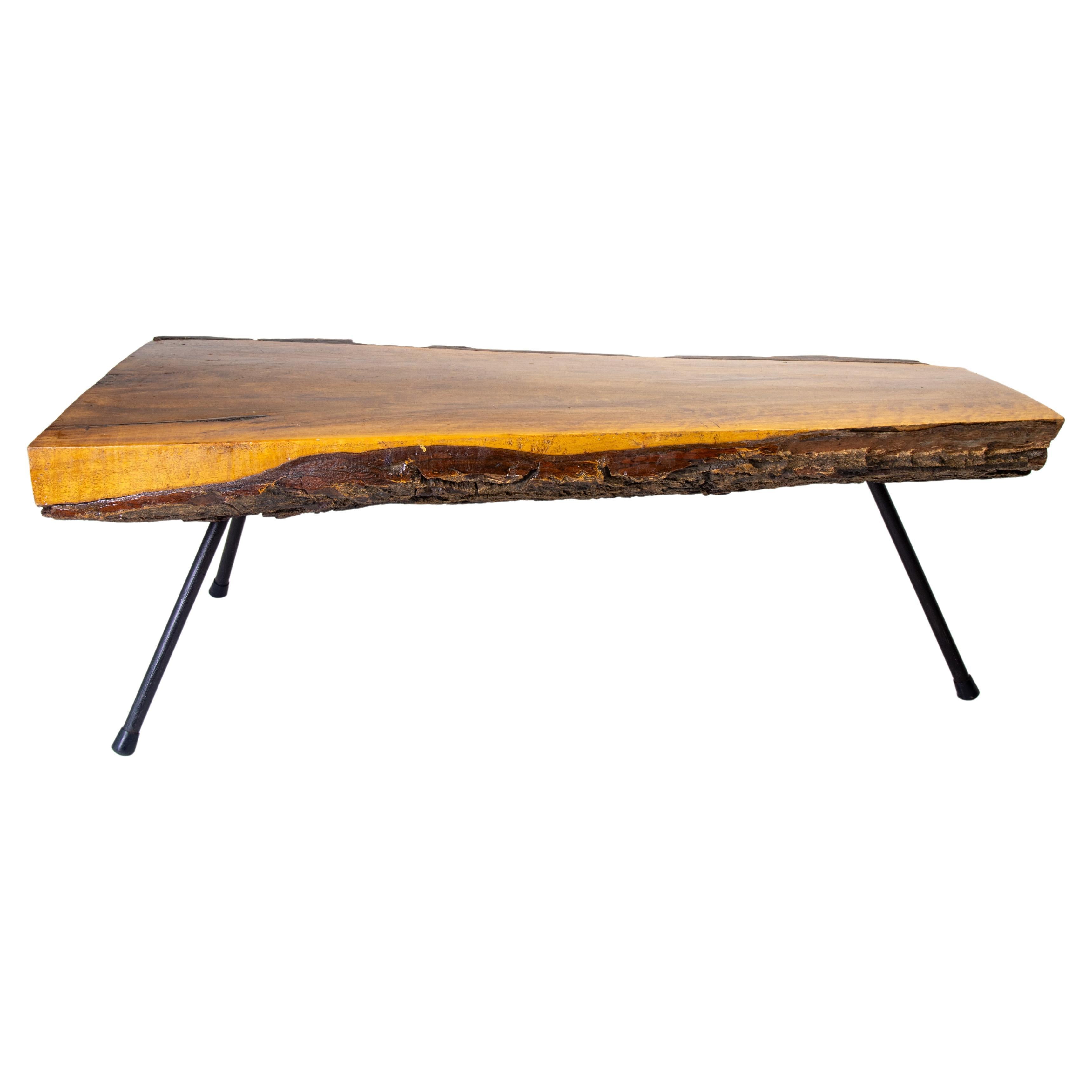 Mid Century Modern Live edge Pine coffee table after Carl Aubock iron legs For Sale