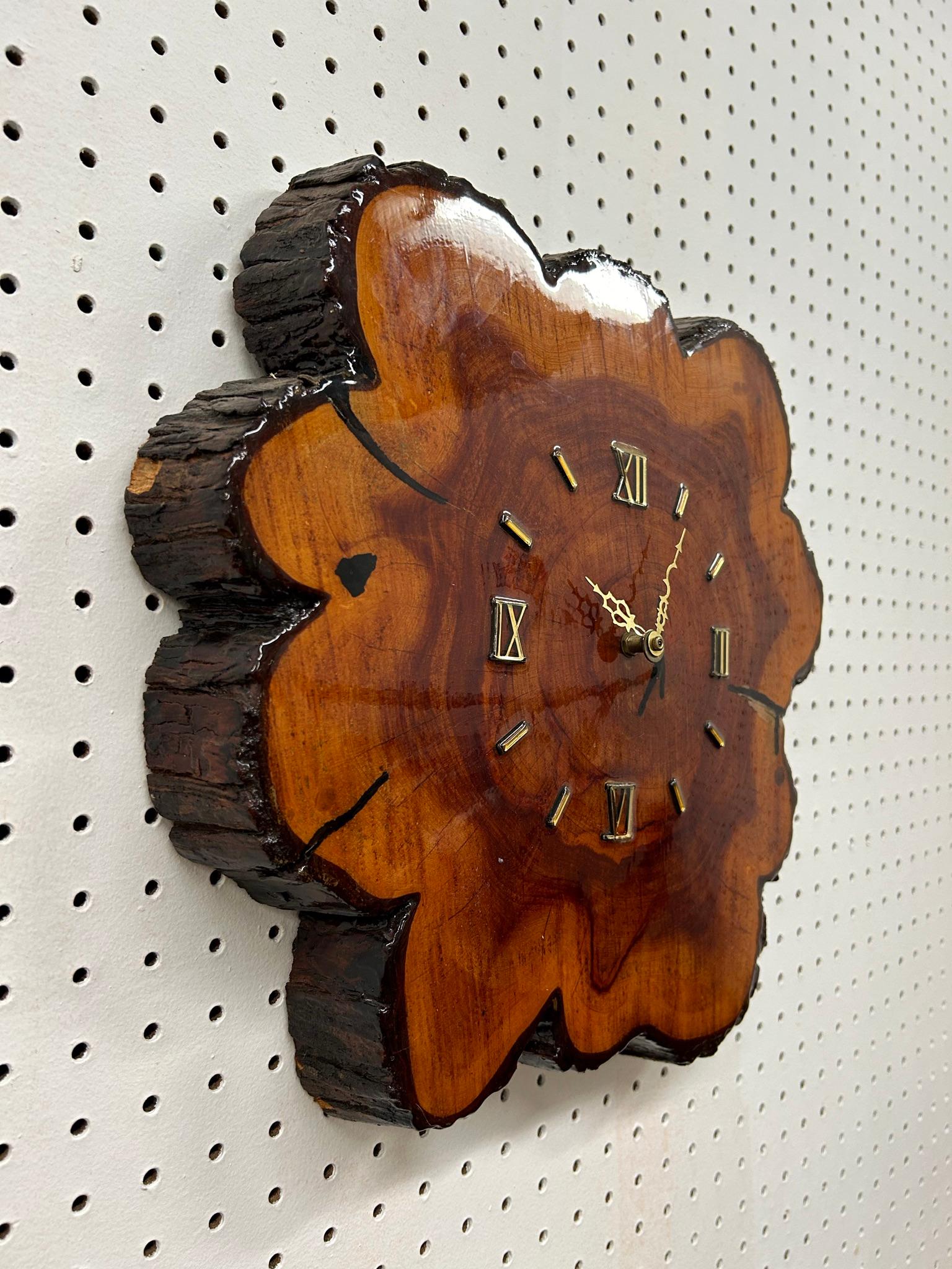 Wood Mid century modern live edge wall clock with brass hardware