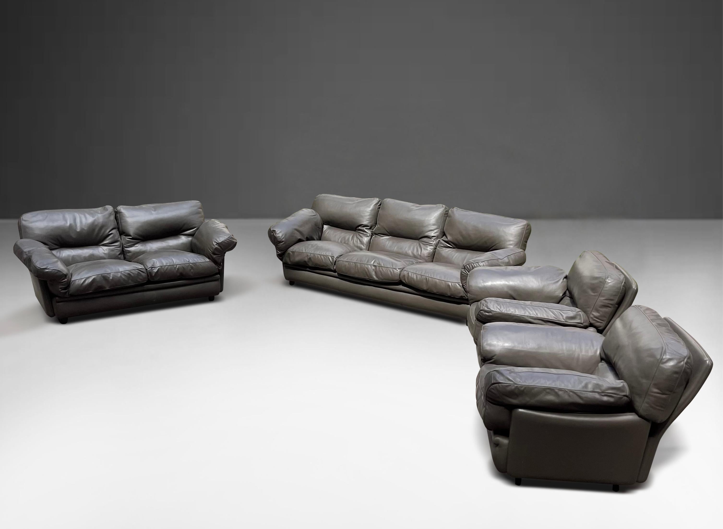Mid-Century Modern Living Room Set by Paltrona Frau Gray Leather, Italy, 1970s For Sale 2